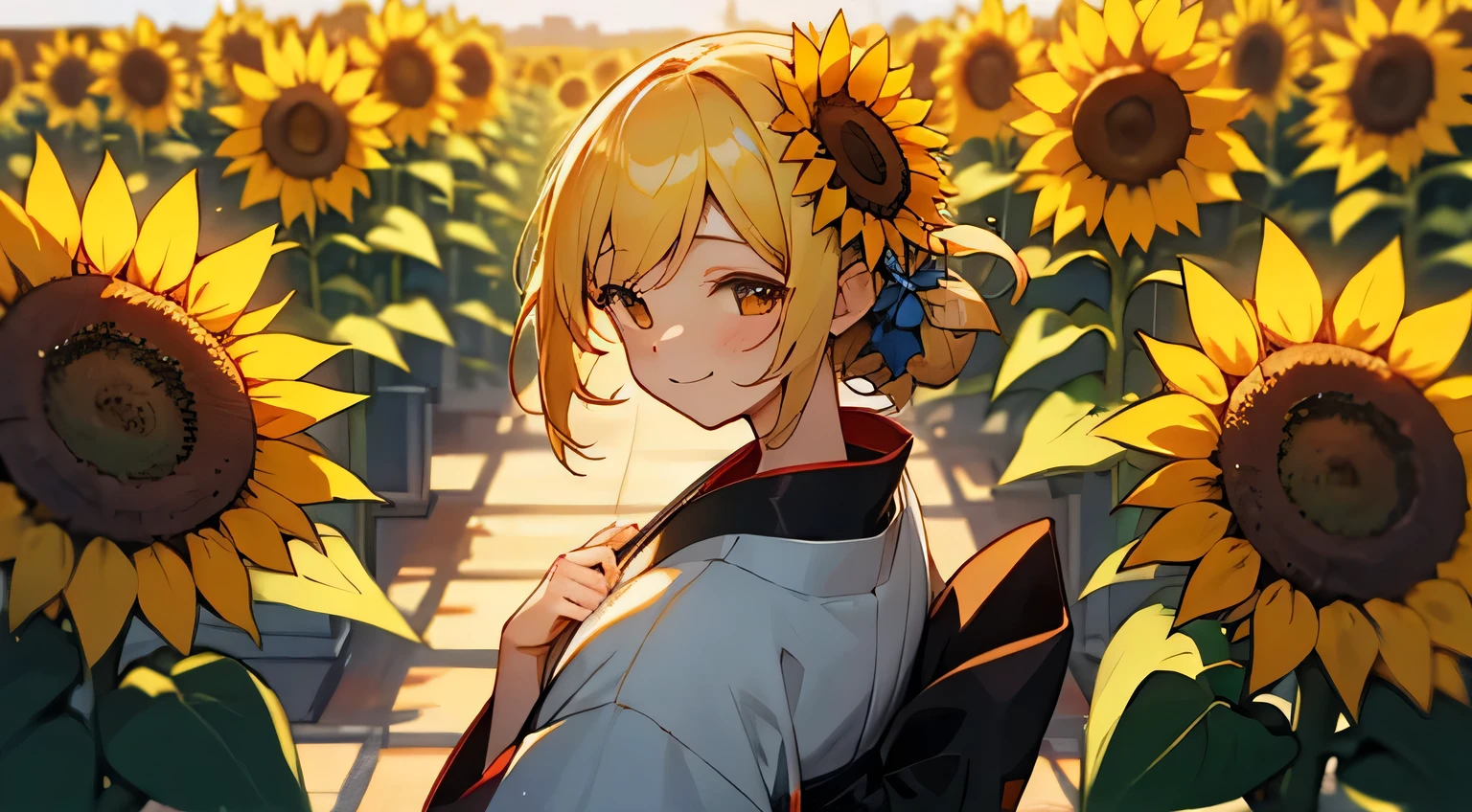 summer, sunflowers, kimono, smile, Japanese Girl