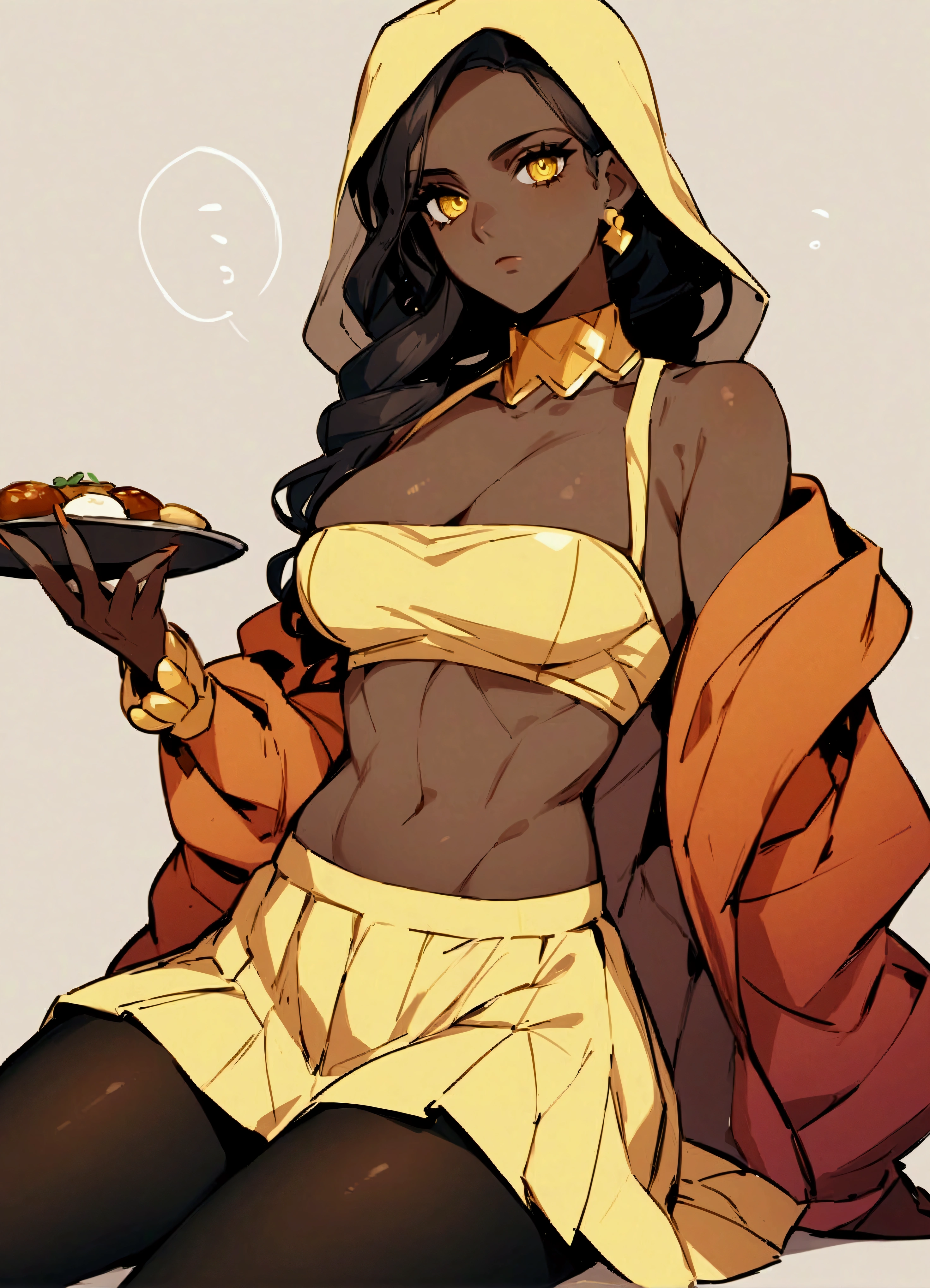 (masterpiece、Highest quality:1.2)、Cowboy Shots、solo、One woman、Mariah (Jojo)、Dark Skin、Dark Skinの女性、Expressionless、sitting、Food、Yellow Eyes、skirt、pantyhose、abdomen、Cleavage