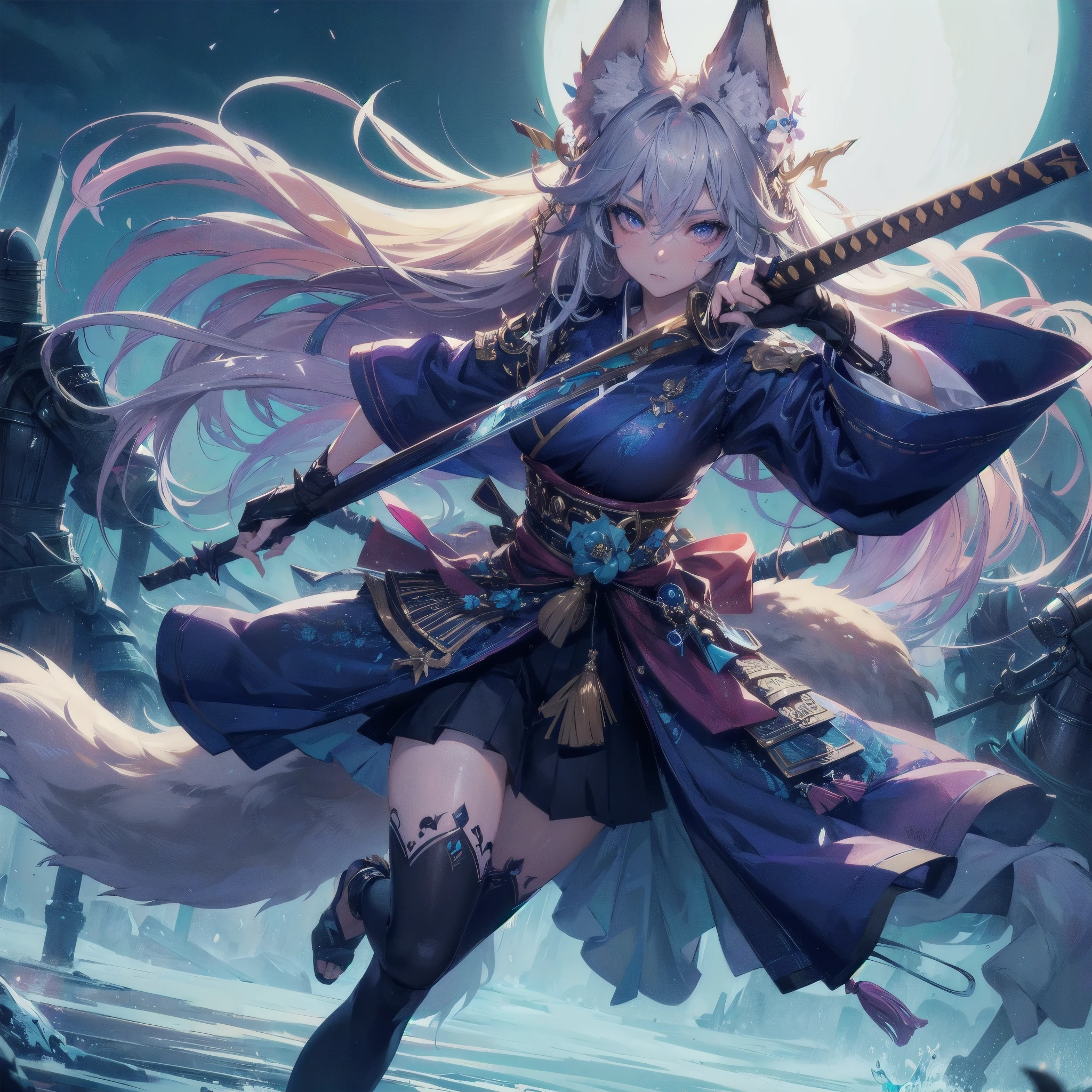 masterpiece, (textured skin), best quality, gorgeous beautiful, (a beautiful girl,wolf ears,wolf tail),detailed clothes,large breasts,narrow waist,, (beautiful face), cinematic lighting, (fantasy anime art ),