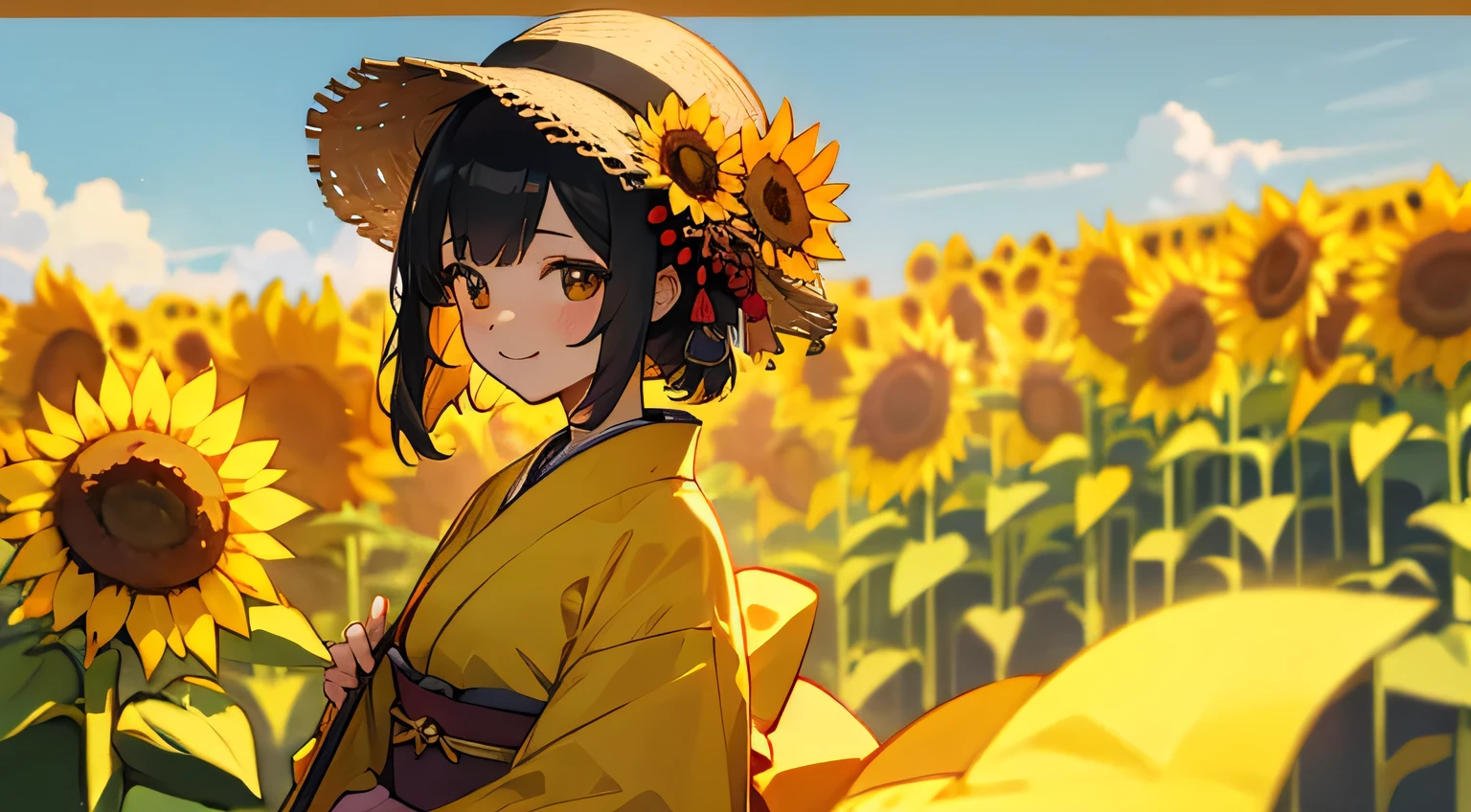 summer, sunflowers, kimono, smile, Japanese Girl
