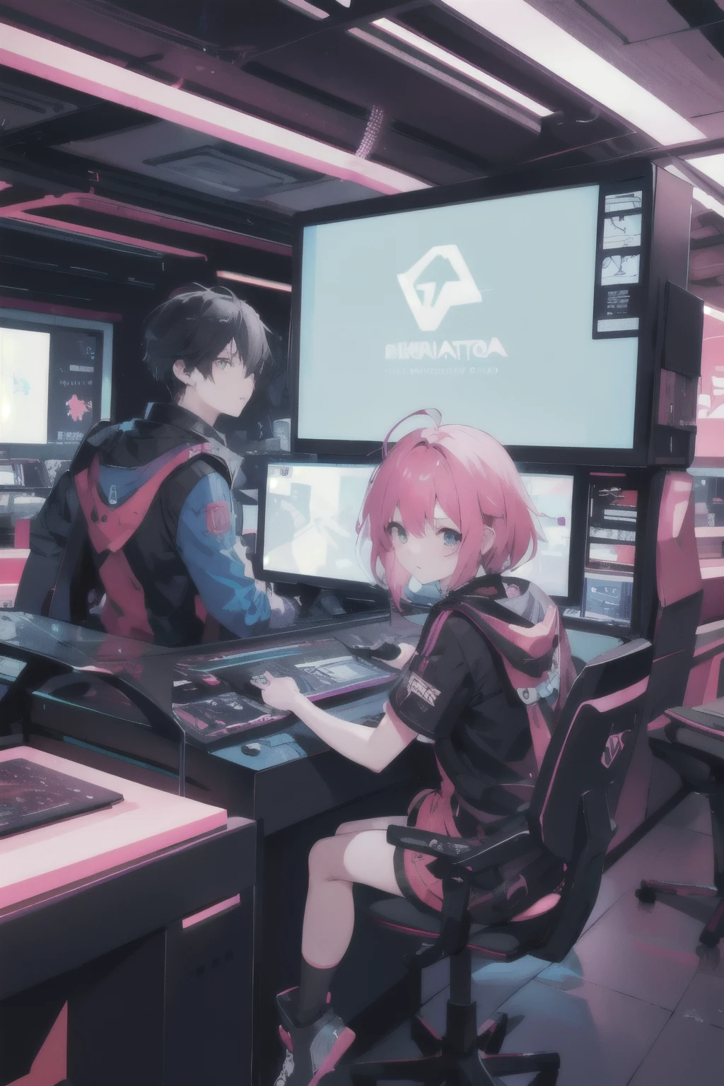 2 people，1 Girl，1 Boy，cute，Play video games，cyberpunk