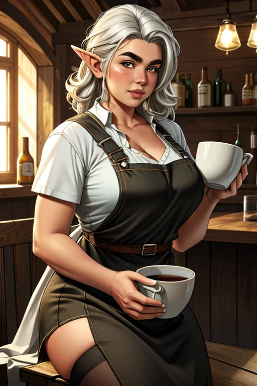 1girl, young female gnome, short and robust, short and disheveled white hair, pointed ears, dark brown eyes, freckles, thin lips, skittish and suspicious look, thick eyebrows, round face, large breasts with cleavage, wide hips, thick thighs, sitting in rustic wooden armchair, drinking mug of beer, very beautiful and detailed living room of rustic medieval house, 1boy, young male gnome, disheveled white hair, pointed ears, thick eyebrows, dark brown eyes, thick and curly beard, robust male gnome, enthusiastic smile, right behind wife with mug of beer, wearing tavern keeper's apron, perfect lighting, (best quality,4k,8k,highres,masterpiece:1.2),ultra-detailed,(realistic,photorealistic,photo-realistic:1.37),HDR,UHD,studio lighting,ultra-fine painting,sharp focus,physically-based rendering,extreme detail description,professional,vivid colors,bokeh,fantasy,illustration