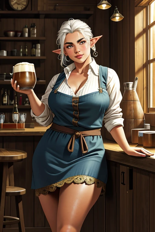 1girl, young female gnome, short and robust, short and disheveled white hair, pointed ears, dark brown eyes, freckles, thin lips, skittish and suspicious look, thick eyebrows, round face, large breasts with cleavage, wide hips, thick thighs, sitting in rustic wooden armchair, drinking mug of beer, very beautiful and detailed living room of rustic medieval house, 1boy, young male gnome, disheveled white hair, pointed ears, thick eyebrows, dark brown eyes, thick and curly beard, robust male gnome, enthusiastic smile, right behind wife with mug of beer, wearing tavern keeper's apron, perfect lighting, (best quality,4k,8k,highres,masterpiece:1.2),ultra-detailed,(realistic,photorealistic,photo-realistic:1.37),HDR,UHD,studio lighting,ultra-fine painting,sharp focus,physically-based rendering,extreme detail description,professional,vivid colors,bokeh,fantasy,illustration