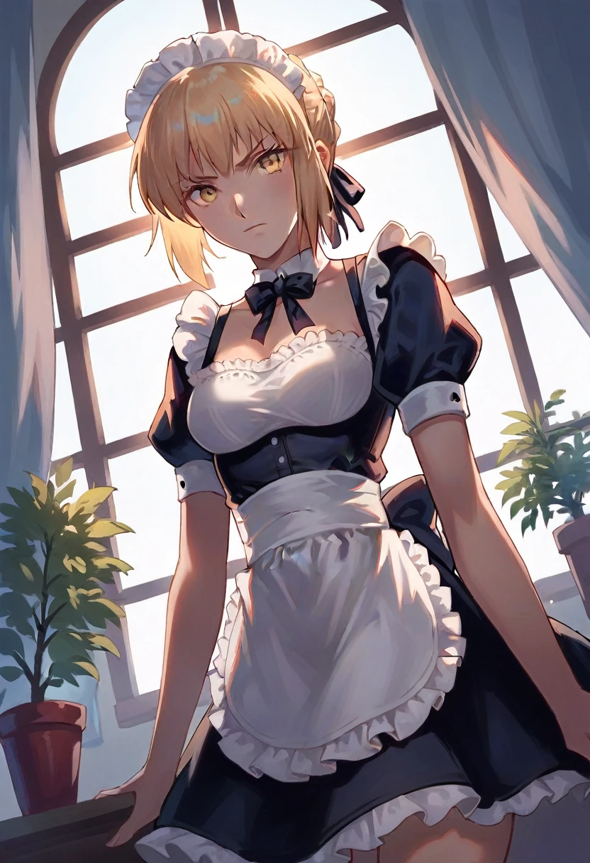 score_9, score_8_up, score_7_up, score_6_up, score_5_up, score_4_up, BREAK source_anime, 1girl, clothed, saber alter, indoors, potted plant, window, sunlight, by kasumi \(skchkko\), looking at viewer, serious, dutch angle, maid uniform, braid,