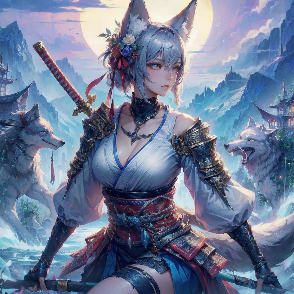 masterpiece, (textured skin), best quality, gorgeous beautiful, (a beautiful girl,wolf ears,wolf tail),detailed clothes,large breasts,narrow waist,, (beautiful face), cinematic lighting, (fantasy anime art ),