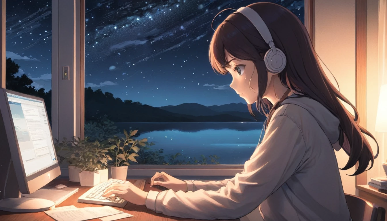 An anime illustration of a woman wearing headphones and intently looking at a PC while working on something. The scene is set by a window with a view of a nighttime , and the overall atmosphere reflects the soft, calming vibe of lofi music.
