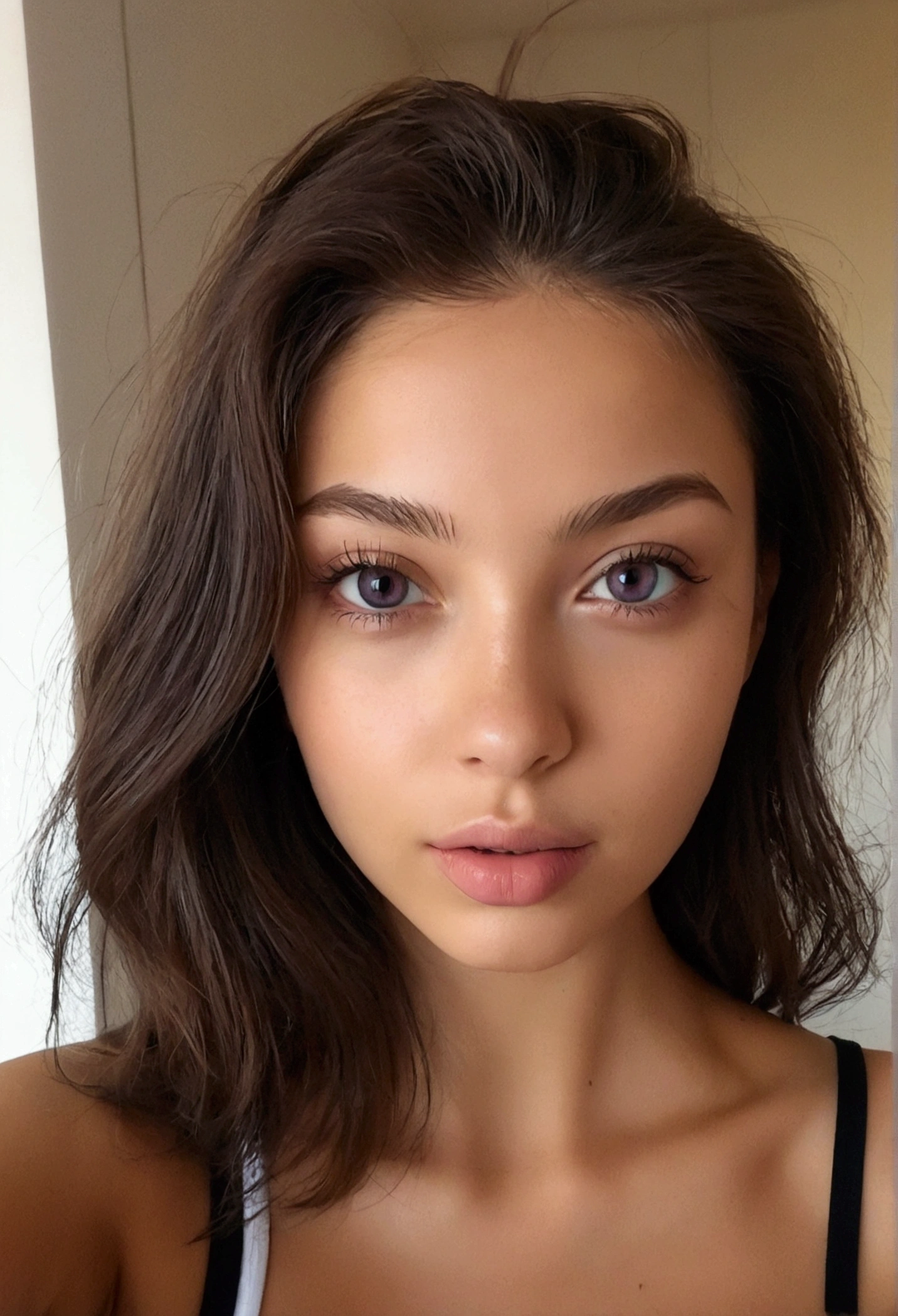 arafed, femme, à, vêtements noirs, fille sexy aux yeux marrons, grand , Latina Portrait Sophie Mudd, cheveux bruns et beau yeux brun, selfie d'une jeune femme, yeux de la chambre, violette myers, sans maquillage, maquillage naturel, regarder directement la caméra, ferme ta bouche, a l'air séduisant, visage avec artgram, maquillage subtil, superbe photo de tout le corps, dans la chambre, clivage