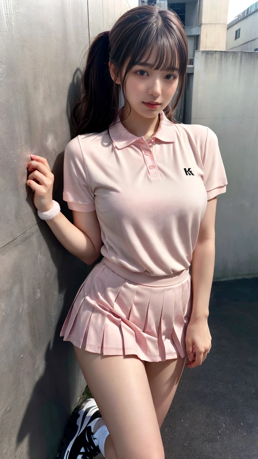 (absurdres:1.3), (highres:1.3), (ultra detailed:1.3),(1girl:1.3), (extremely detailed CG unity 8k wallpaper:1.3), (detailed skin texture, detailed cloth texture, detailed hair texture), (beautiful detailed face, supermodel, pale skin, realistic glistening skin), (RAW photo, best quality), (realistic, photo-realistic:1.4), masterpiece, extremely delicate and beautiful,Amazing, finely detail, extremely detailed CG unity 8k wallpaper, huge filesize, ultra-detailed, highres, absurdres, soft light,rim light, vibrant details, hotel room, straight hair, large breasts, black hair color, Big Natural Color Lip, (perfect body shape), beautiful legs, BREAK (white theme:1.4), (tucked-out short sleeve white polo shirt:1.4), (pink lines on tops outline:1.3), (pure white pleated mini skirt:1.3), (hem of top covers top half of skirt:1.3), (pink fluffy scrunchie on wrist:1.3), (white and pink sports shoes:1.2), crying a little、little smile, Harajuku style、20 year old girl、cute type、lolita、standing