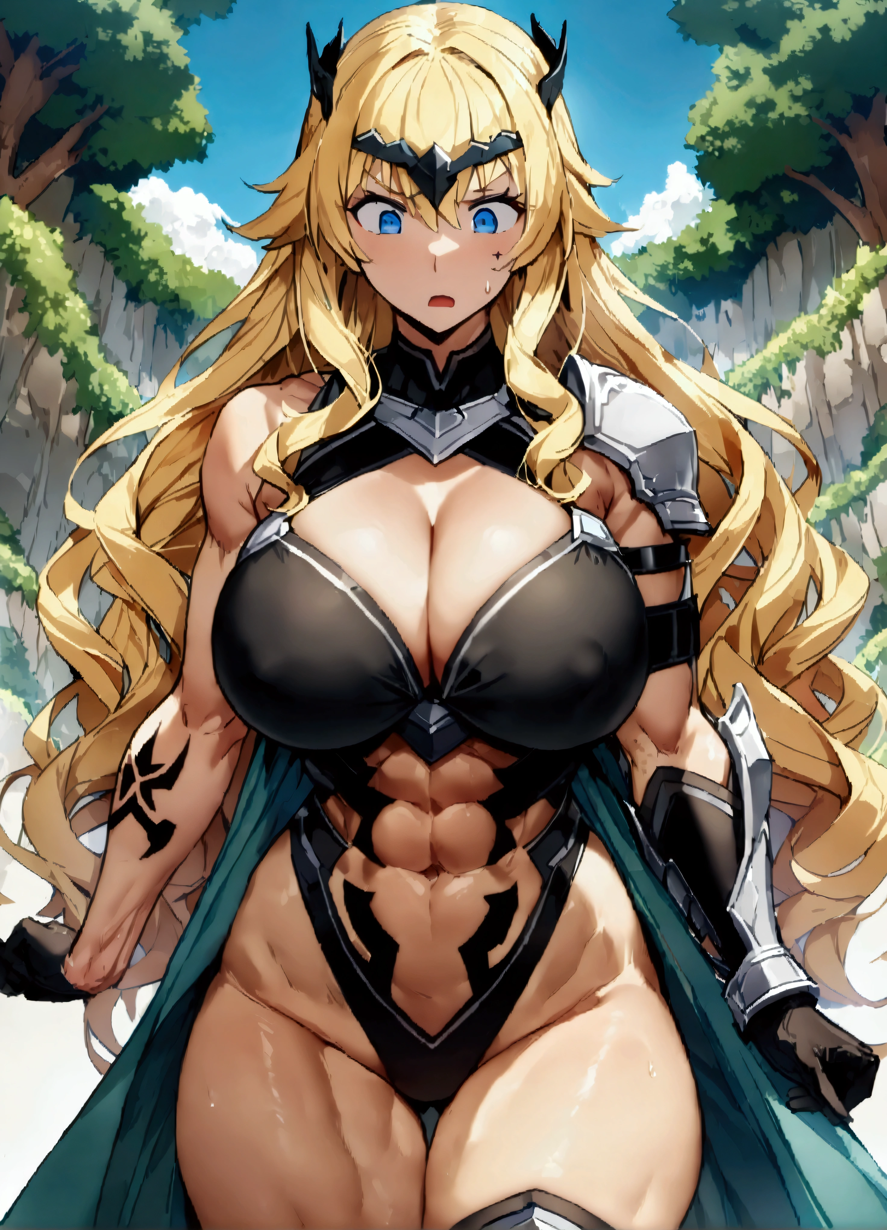 Dragon'crown、pin up、>、Amazon、blonde、Long Hair、Curly Hair、Wavy Hair、Muscularな爆乳熟女、Muscularな爆乳熟女、Muscularな爆乳、Muscular、Thigh-scleral woman、Abdominal muscles、Big Breasts、blue eyes、wing飾り、脚のtattoo、Cleavage、belly button、Biceps、Huge breasts、Body Lighting、Thighsまでの高さ、Armband、Woman with dark skin、tattoo、太いThighs、Thighs、マヤのtattoo、tattoo、Circlet、厚いThighs、wing、Black gloves、armor、Bangles、ビキニのarmor、Long wrists、arms、boots、Swimwear、stringビキニ、腕のtattoo、ax、string、(Confused、High resolution、信じられないほどConfused:1.4)、landscape、masterpiece、両手にarmsを構える女戦士。重量のarmsを振り回して戦う。両手にarmsを構える女戦士。重量のarmsを振り回して戦う。両手にarmsを構える女戦士。重量のarmsを振り回して戦う。