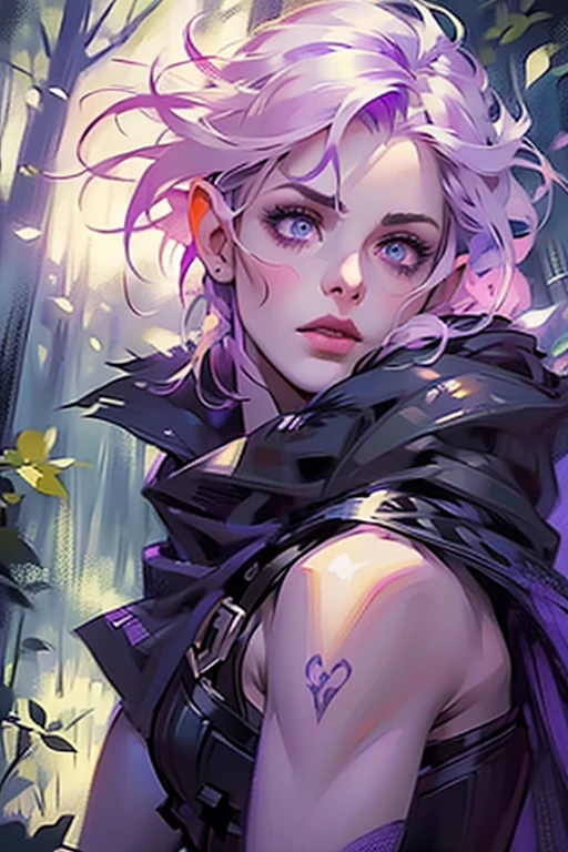 ((ultra realistic illustration:1.2)),(dark fantasy:1.4), In a mystical forest. Beautiful Elven mage. Wild (magenta hair), violet eyes, ((very pale:1.4)), beautifully fit figure, small perky breasts. (tribal war paint), leather bustier, cape, thigh high boots .Masterpiece, (highly detailed:1.2),(detailed face and eyes:1.2), 8k wallpaper, natural lighting. core shadows, high contrast, bokeh.