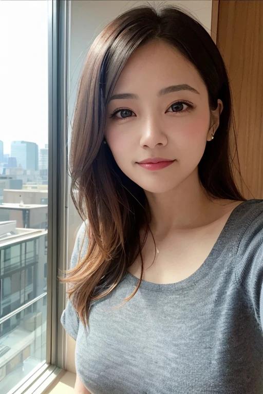 1girl, matured female, , photo, realistic, best quality, hires, detailed face, office, buildings from window, detailed background, diffused sunlight, depth of field, bokeh