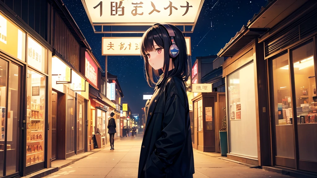 Standing in front of the entrance to Universal Studios Japan。A young girl with black hair wearing stylish clothes and headphones labeled "lo-fi"
The girl is shown in profile, gazing into the distance with a calm, relaxed expression
Background depicts the iconic scenery of Namba, Osaka at night, without any text on signs
A starry night sky adding to the peaceful atmosphere
Overall mood is quiet and serene, perfect for lo-fi music
Detailed hair rendering and careful attention to the girl's fashionable outfit
The entire scene should evoke a relaxing, introspective feeling associated with lo-fi music