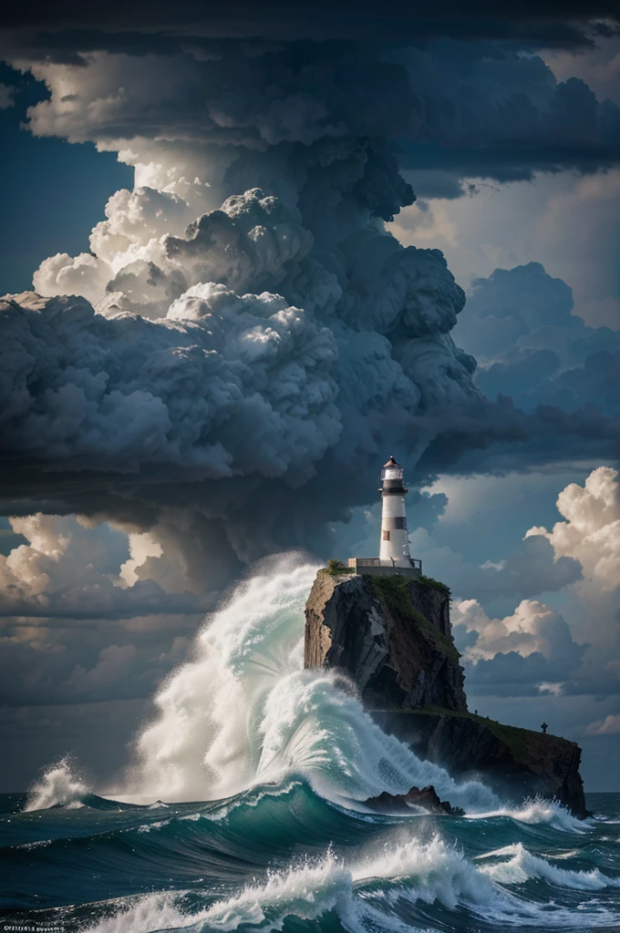 A dramatic illustration of a lighthouse standing tall on a rocky cliff, with large waves crashing and a dark sky full of storm clouds.