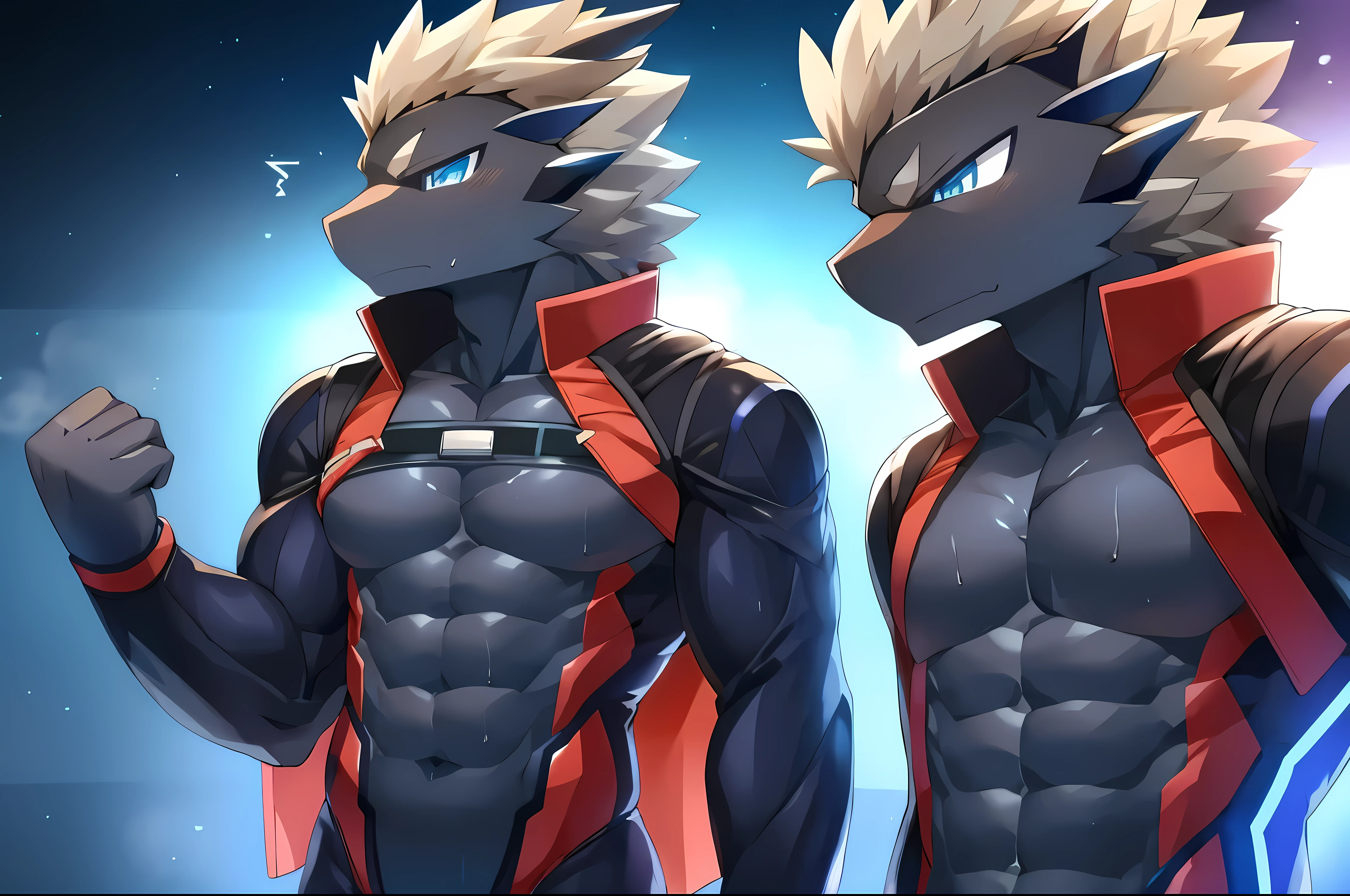 Thin macho　western black dragon　　abs　　　　　Hollow abs　　body suit　　thick arms　　　chest rig　　　、sweaty　　　skin glow　　profile　　Wearily　short of breath　　  　Chemo shota　　
have a 　blue eyes　Tired look　Glowing abs　Deep abdominals jacket　profile