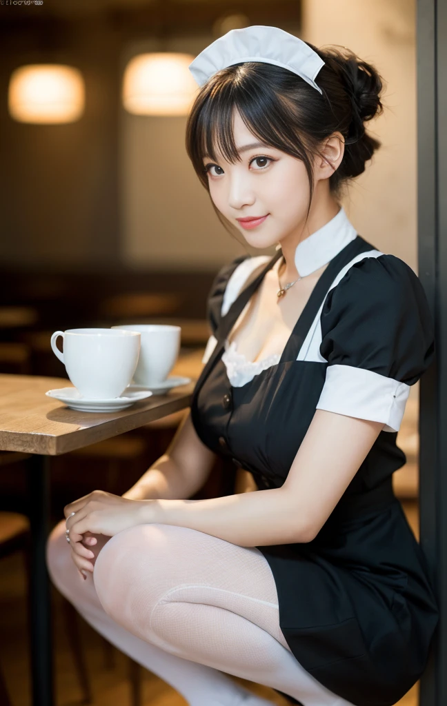 ((of the highest quality, 8K, masutepiece: 1.3, Raw photo)), Sharp Focus: 1.2, (1 AESPA Girl :1.1), Solo, (Realistic, Photorealistic: 1.37), (Face Focus: 1.1), Cute face, hyperdetailed face, (short messy hair: 1.2), Small Smile, Small breasts, flat chest, (waitress uniform), sitting, Thigh, (chiffon panties), cafe, bar, flower, Cattleya