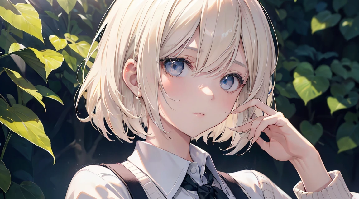 (Bob Cut Hair, Platinum Blonde Hair:1.2),(Wear a cardigan over a collared shirt:1.2),1 girl,Japanese,21 years old,(Small breasts:1.3),(Highest quality,masterpiece:1.3,超A high resolution,),(Ultra-detailed,Caustics),(Photorealistic:1.4,RAW shooting,)Ultra-Realistic Capture,Very detailed,High resolution 16K human skin close-up。 Natural skin texture、,Pores、、It needs to be detailed enough to be easily identifiable。 Skin should be even-toned and healthy looking。 Use natural light and colour, Sad expression, Looking at the camera, Perfect dynamic composition, Outdoor