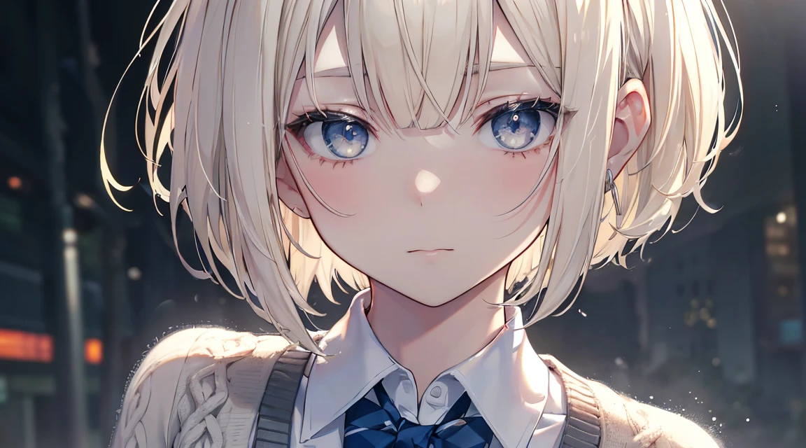 (Bob Cut Hair, Platinum Blonde Hair:1.2),(Wear a cardigan over a collared shirt:1.2),1 girl,Japanese,21 years old,(Small breasts:1.3),(Highest quality,masterpiece:1.3,超A high resolution,),(Ultra-detailed,Caustics),(Photorealistic:1.4,RAW shooting,)Ultra-Realistic Capture,Very detailed,High resolution 16K human skin close-up。 Natural skin texture、,Pores、、It needs to be detailed enough to be easily identifiable。 Skin should be even-toned and healthy looking。 Use natural light and colour, Sad expression, Looking at the camera, Perfect dynamic composition, Outdoor