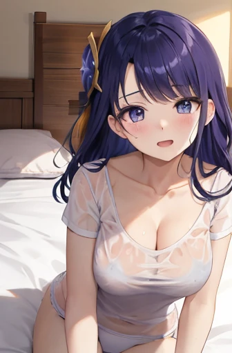 raiden shogun, On the bed, Long Hair, Wearing a wet white t-shirt, Wear underwear, The body is slim, joy, Perfect breasts,Big Breasts、Black Hair