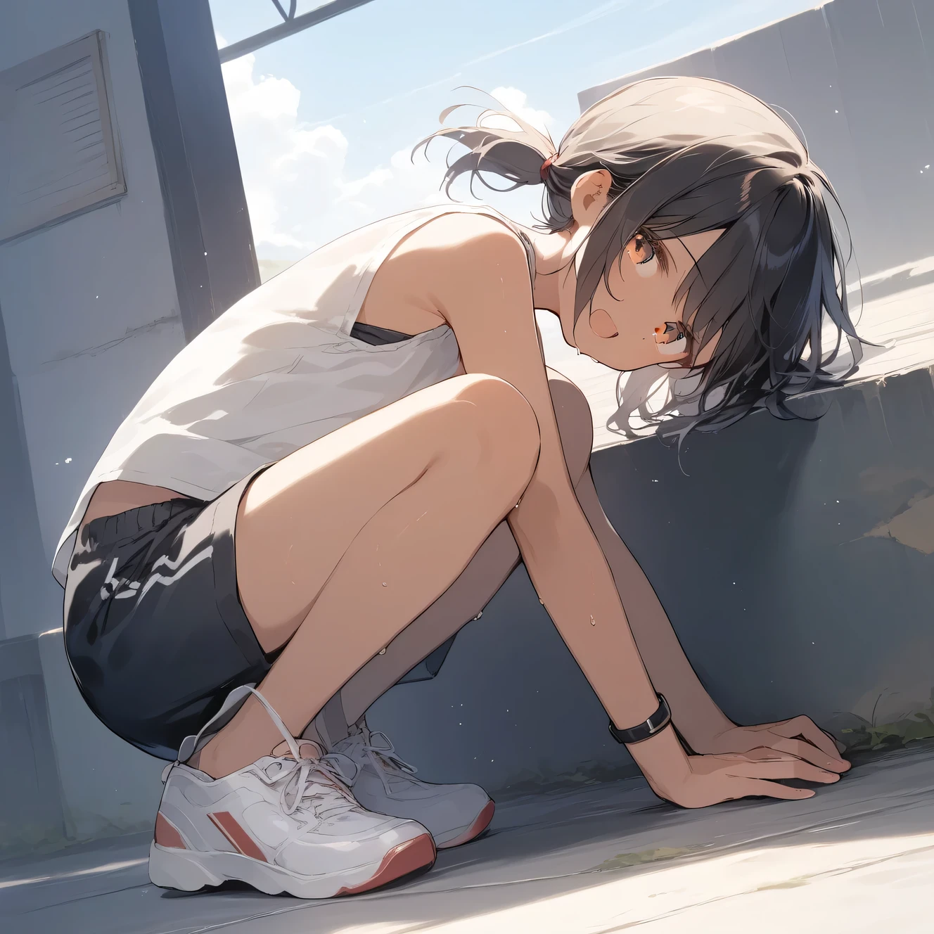 score_9, score_8_up, score_7_up, source_anime, best quality, masterpiece, official art, absurdres, highres, ultra-detailed,waifu2x,Collection: Slice of Life,break,1girl, tomboy, dark-skinned female, short hair, low ponytail, flat chest, beautiful detailed eyes, shorts, sweat, open mouth, (yawn:0.3), sleepily, outdoors, wind,break,(clear line illustration:1.2), super detailed skin,very high resolution, very aesthetic, Best sexual lighting powered by famous artist, 8k,cute picture,beauty illustration,photoshop_(medium),,(Detailed Lighting),best anime 8k konachan wallpaper, pixiv contest winner, 