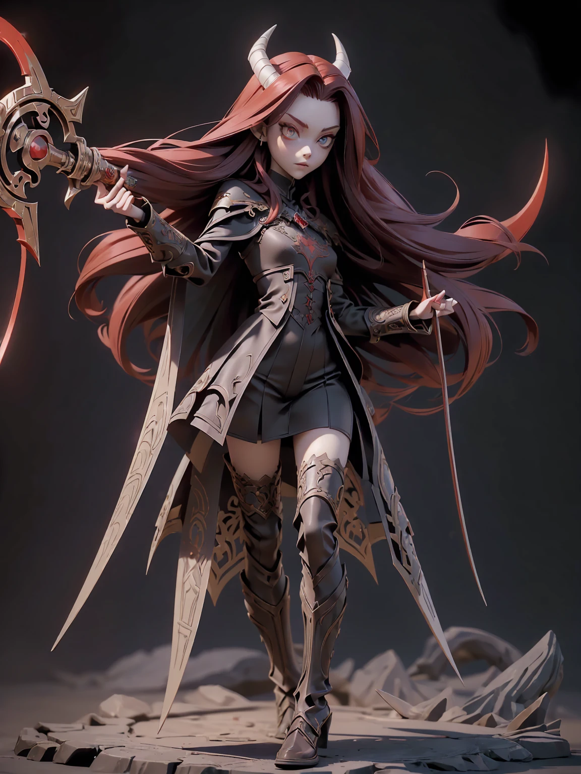 (((Best Quality))), (((Masterpiece))), ((Realistic)) ((full body shot)) slender cute pale demon girl, pointing ears, (red colored eyes), (long black hair), wearing demon armor (intricate details:1.5) holding a giant demon stylish scythe.