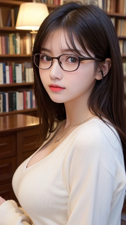 ((Highest quality))、((Very detailed))、(RAW Photos:1.2)、(High resolution detailed face and eyes:1.4)、(Huge breasts)、(Random gravure idol poses)、20-year-old、Japanese Supermodel、library、Long sleeve shirt、Intellectual glasses、Detailed Necklace