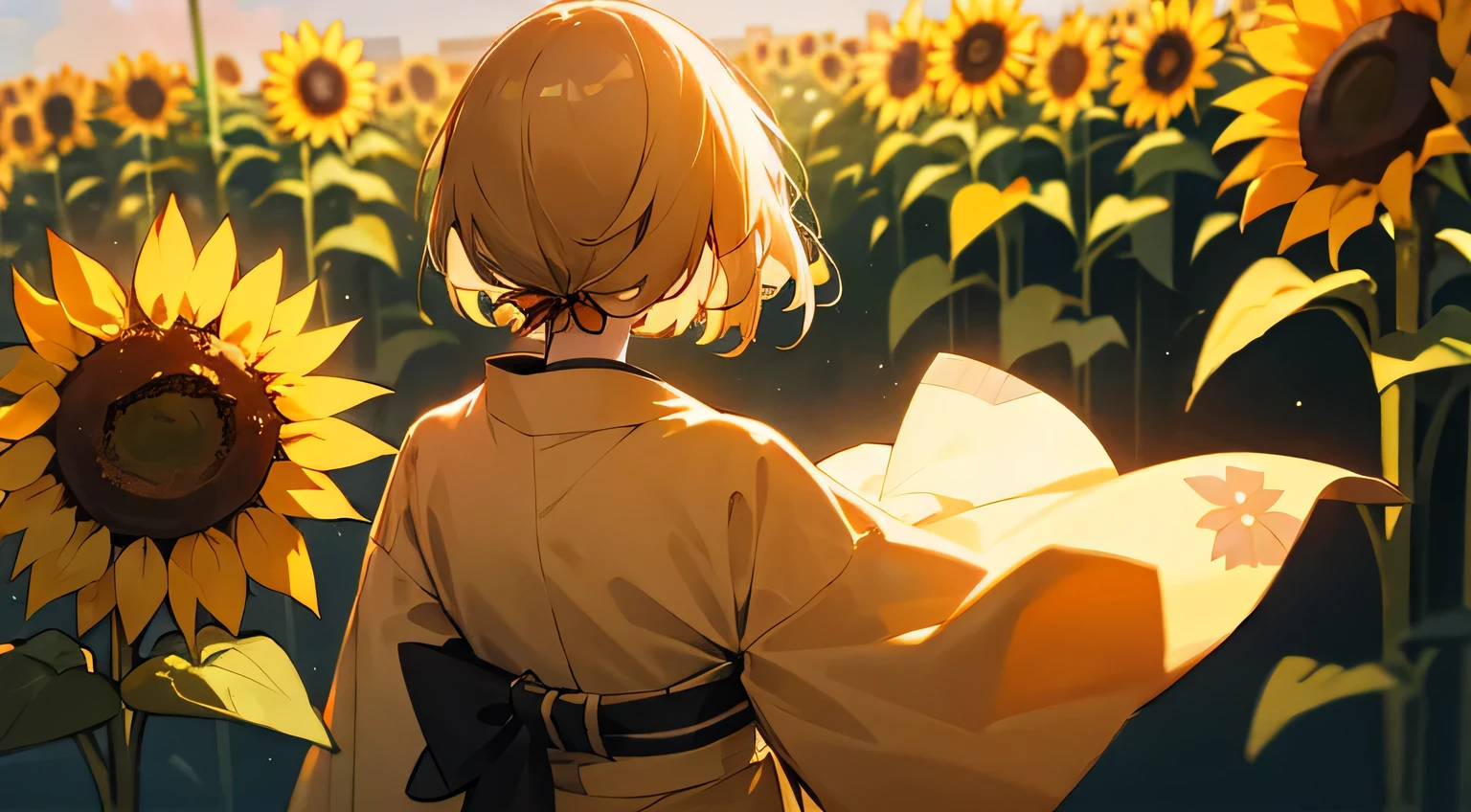 summer, sunflowers, kimono, Japanese Girl, back view