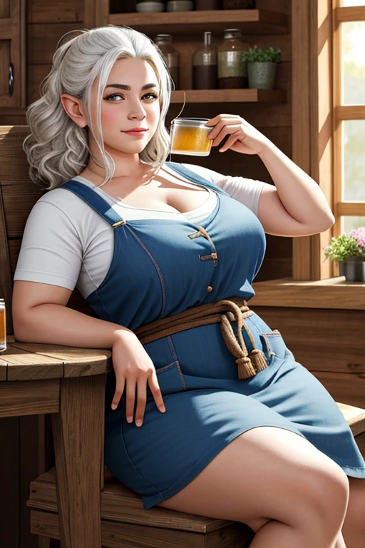 1girl, young female gnome, short and robust, short and disheveled white hair, pointed ears, dark brown eyes, freckles, thin lips, skittish and suspicious look, thick eyebrows, round face, large breasts with cleavage, wide hips, thick thighs, sitting in rustic wooden armchair, drinking mug of beer, very beautiful and detailed living room of rustic medieval house, 1boy, young male gnome, disheveled white hair, pointed ears, thick eyebrows, dark brown eyes, thick and curly beard, robust male gnome, enthusiastic smile, right behind wife with mug of beer, wearing tavern keeper's apron, perfect lighting, (best quality,4k,8k,highres,masterpiece:1.2),ultra-detailed,(realistic,photorealistic,photo-realistic:1.37),HDR,UHD,studio lighting,ultra-fine painting,sharp focus,physically-based rendering,extreme detail description,professional,vivid colors,bokeh,fantasy,illustration