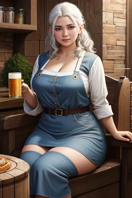 1girl, young female gnome, short and robust, short and disheveled white hair, pointed ears, dark brown eyes, freckles, thin lips, skittish and suspicious look, thick eyebrows, round face, large breasts with cleavage, wide hips, thick thighs, sitting in rustic wooden armchair, drinking mug of beer, very beautiful and detailed living room of rustic medieval house, 1boy, young male gnome, disheveled white hair, pointed ears, thick eyebrows, dark brown eyes, thick and curly beard, robust male gnome, enthusiastic smile, right behind wife with mug of beer, wearing tavern keeper's apron, perfect lighting, (best quality,4k,8k,highres,masterpiece:1.2),ultra-detailed,(realistic,photorealistic,photo-realistic:1.37),HDR,UHD,studio lighting,ultra-fine painting,sharp focus,physically-based rendering,extreme detail description,professional,vivid colors,bokeh,fantasy,illustration