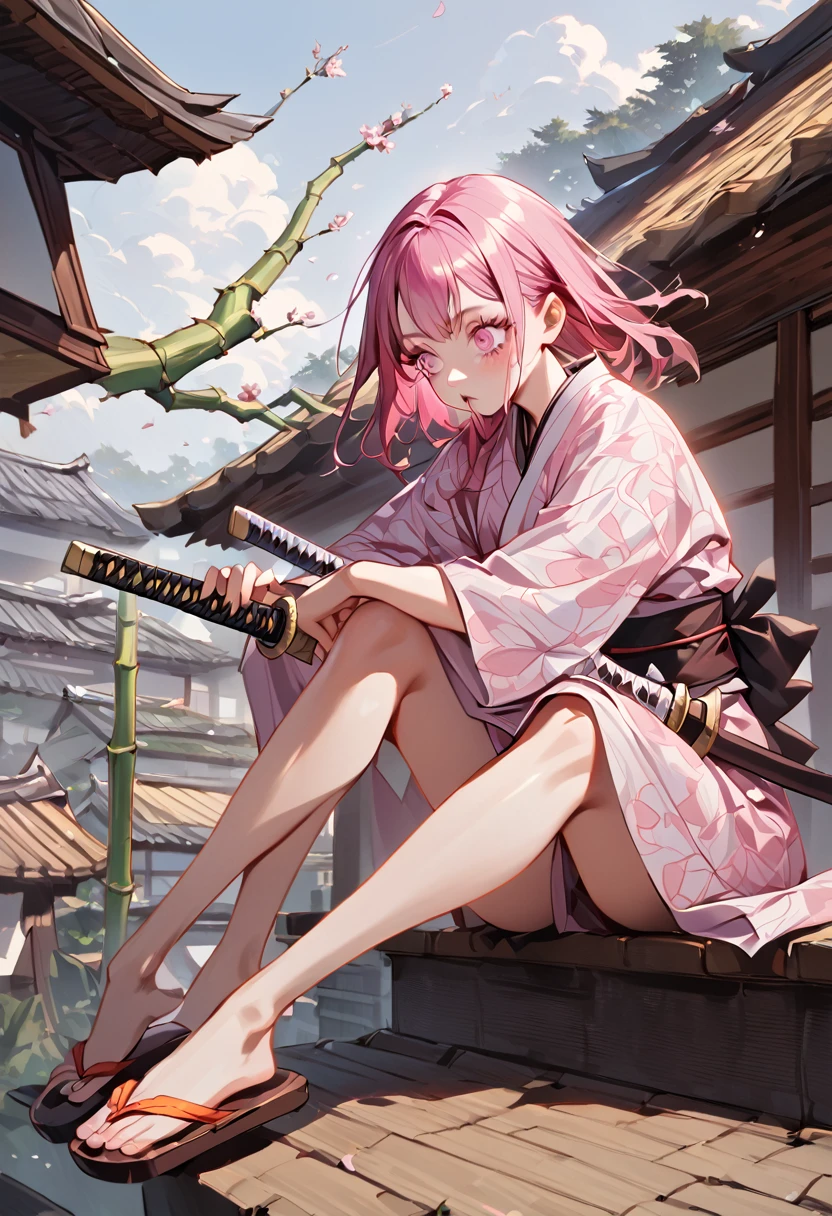 a female character, wearing a plain colored kimono, named "NEZUKO" in the story "demon slayer" with pink eyes, flip-flops, with a mouth that is biting pieces of bamboo, is sitting on a roof tile while holding a katana, with realistic cherry blossom effects flying