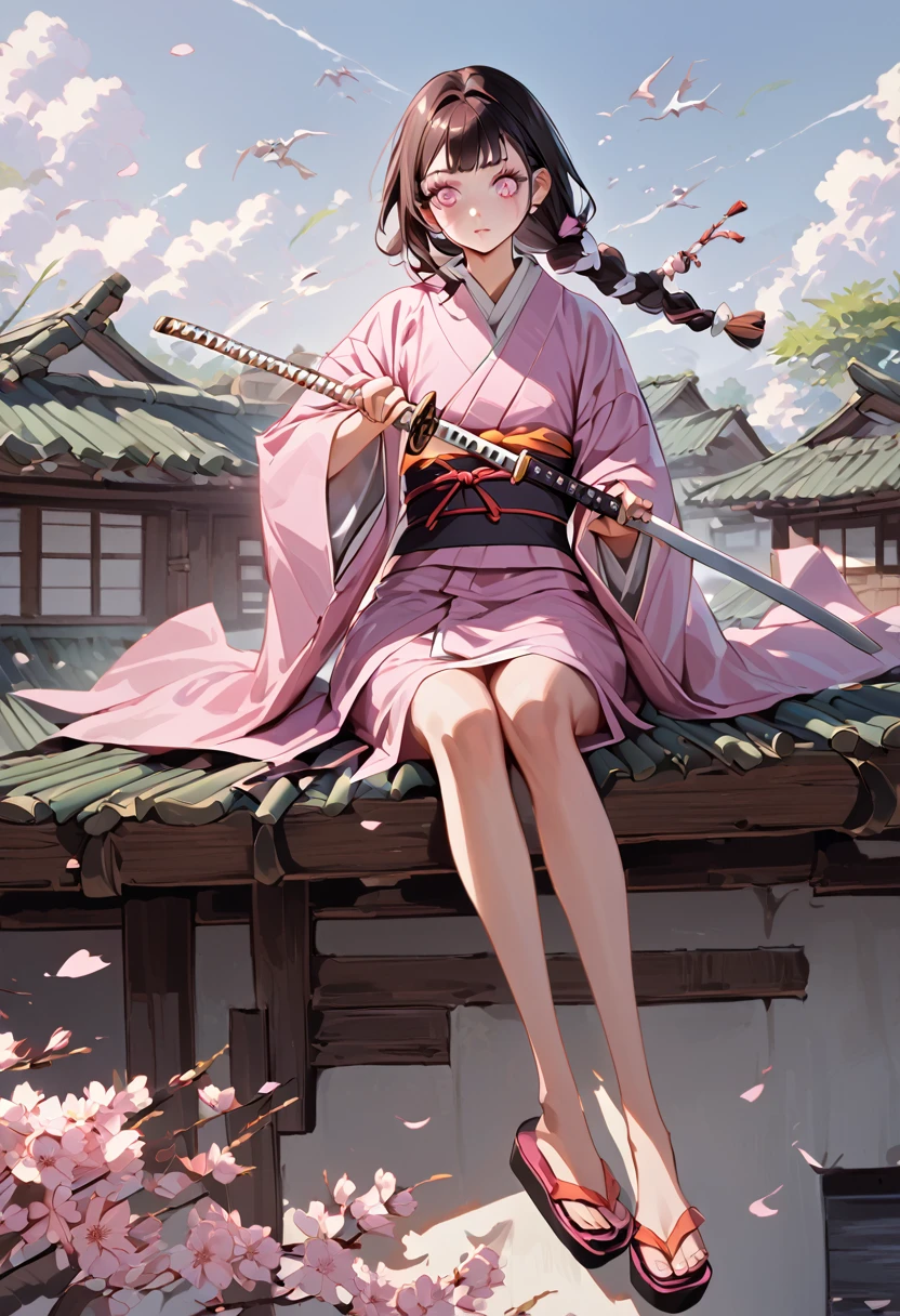 a female character, wearing a plain colored kimono, named "NEZUKO" in the story "demon slayer" with pink eyes, flip-flops, with a mouth that is biting pieces of bamboo, is sitting on a roof tile while holding a katana, with realistic cherry blossom effects flying