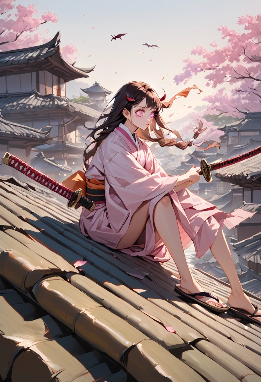 a female character, wearing a plain colored kimono, named "NEZUKO" in the story "demon slayer" with pink eyes, flip-flops, with a mouth that is biting pieces of bamboo, is sitting on a roof tile while holding a katana, with realistic cherry blossom effects flying