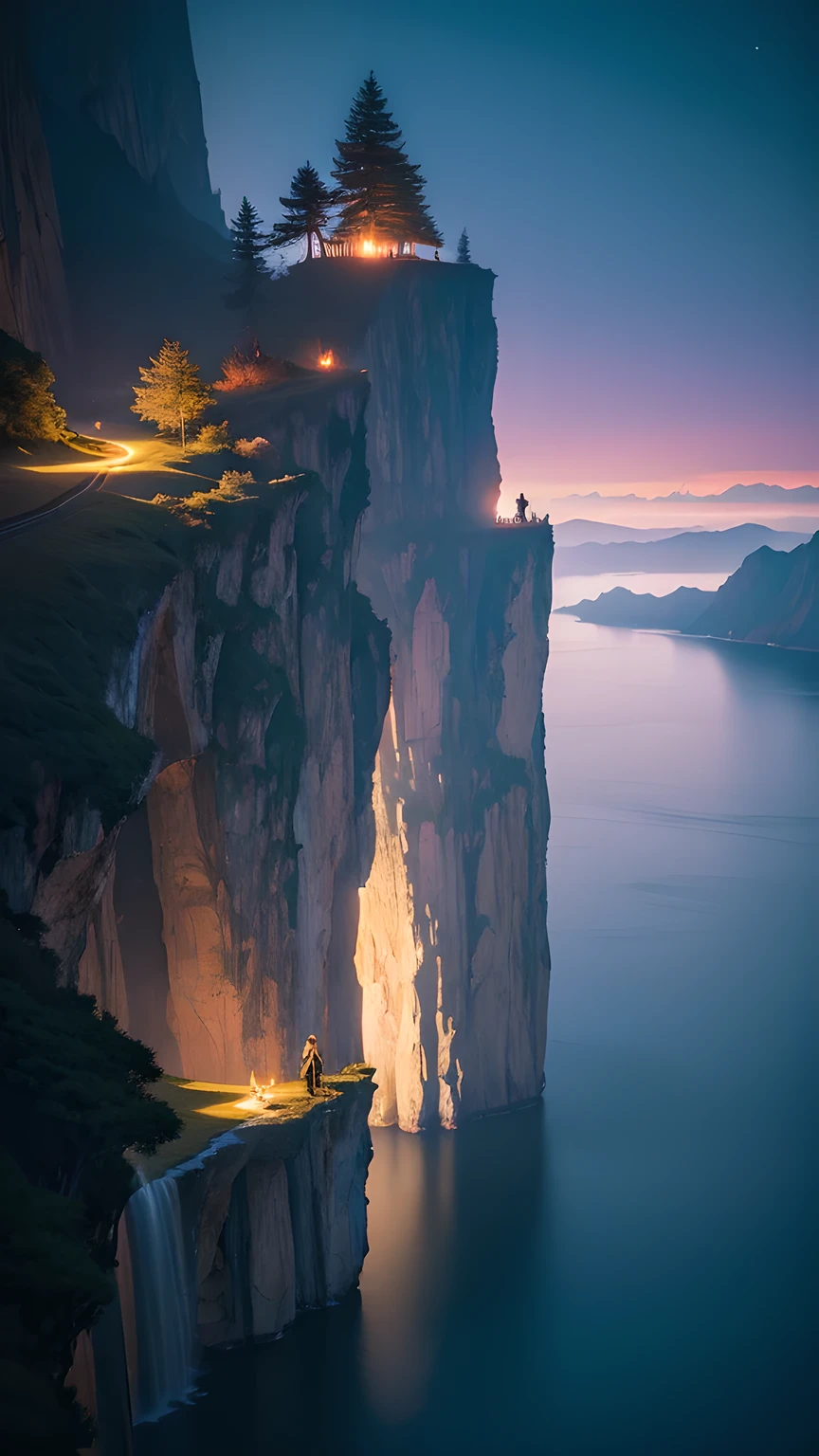 Photographs that capture the essence of a magical dream world. An epic cliff,Hanging over a beautiful lake, Surreal and vivid colors illuminate its reflection. The atmosphere is otherworldly, The soft night light casts a flowing shadow. The image creates a sense of depth and mystery, It's as if the audience is taken into another dimension., Create beautiful and memorable work. Shot with Canon EosIII Zeiss 120mm wide angle lens