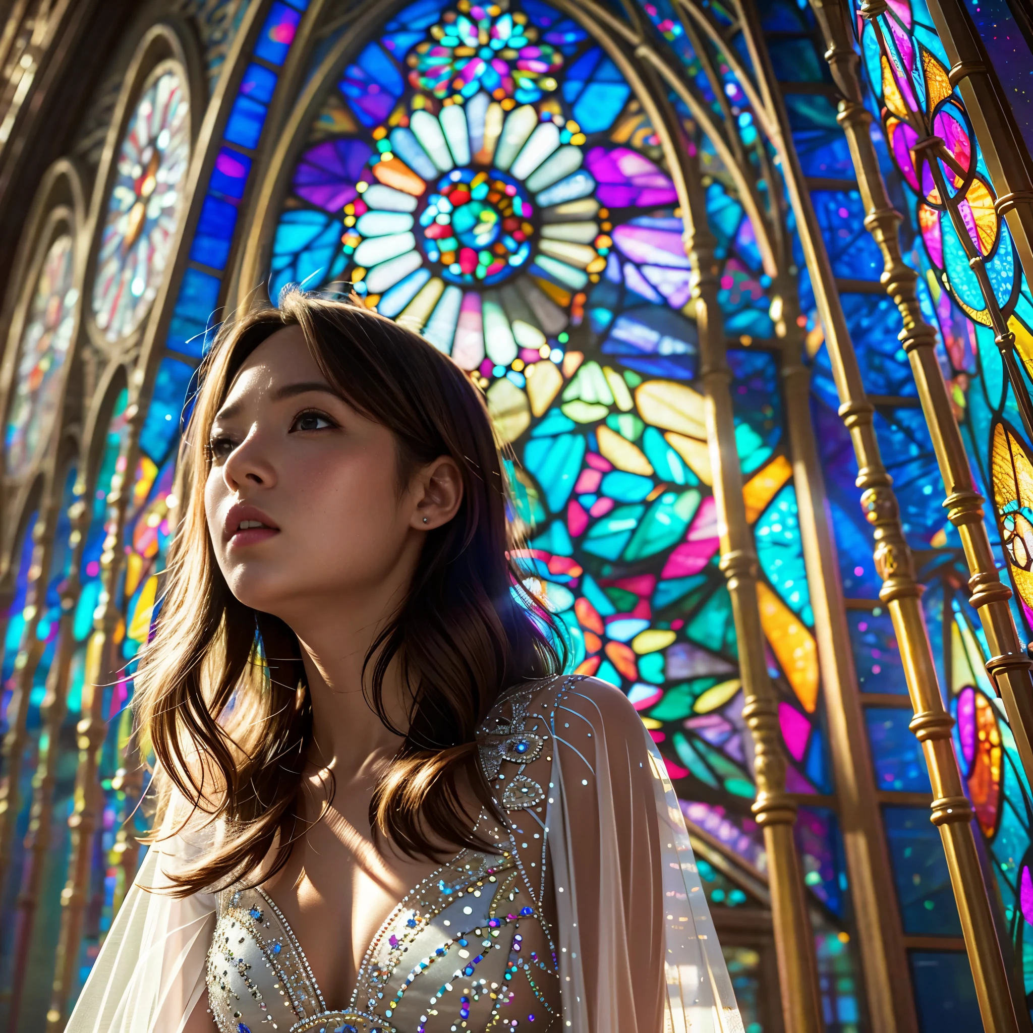  (Cathedral from below:1.28) (ZoomLayer) TopQuality 8K masterpiece of ((Professional photo)), (((Clarisse de Cagliostro))) (Detailed White WeddingDresses), Chain, (((Extremely detailed KAWAII face))) {((VeiledFace))|BlondeHair|(Elaborate BuleEyes)with(SparklingHighlights:1.28)}, The background is distant (((Elaborate stained glass))) Rainbow Glass, {(MysticSight)|EnchantingAtmosphere|Haze|(GodRays)|TyndallEffect}, Radiant PearlSkin with Transparency, (Exposed:0.39)