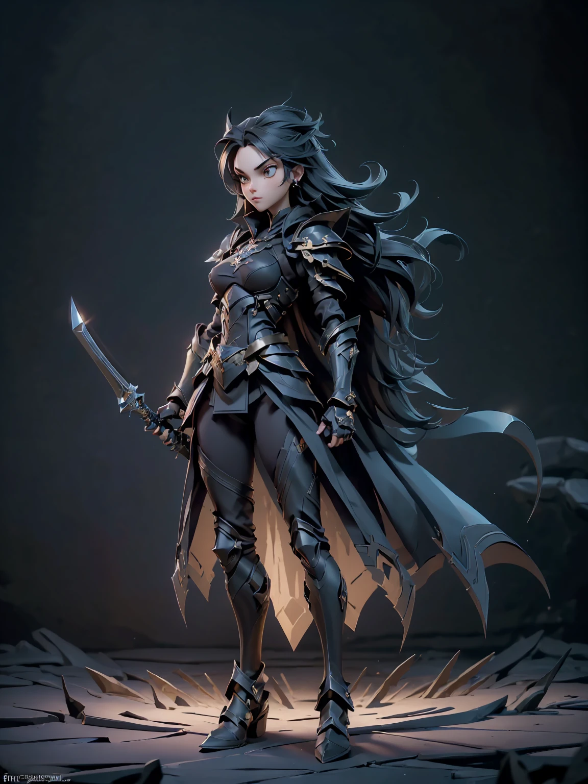 (((masterpiece, best quality, high detailed, 8k))) Design a layout showcase Gaming character, (1girl). Black|Gold clothes, stylish and unique. ((showcase weapon:1.4)), dark scythe. (masterpiece:1.2), (best quality), 4k, ultra-detailed. (Step by step design, layout art:1.5), (luminous lighting, atmospheric lighting). necromancer, ((glove full hands)), (((revealing armor:1.3))), vambraces, armored legwear, (((full_body_shot:1.4))). {In a haunted graveyard}.