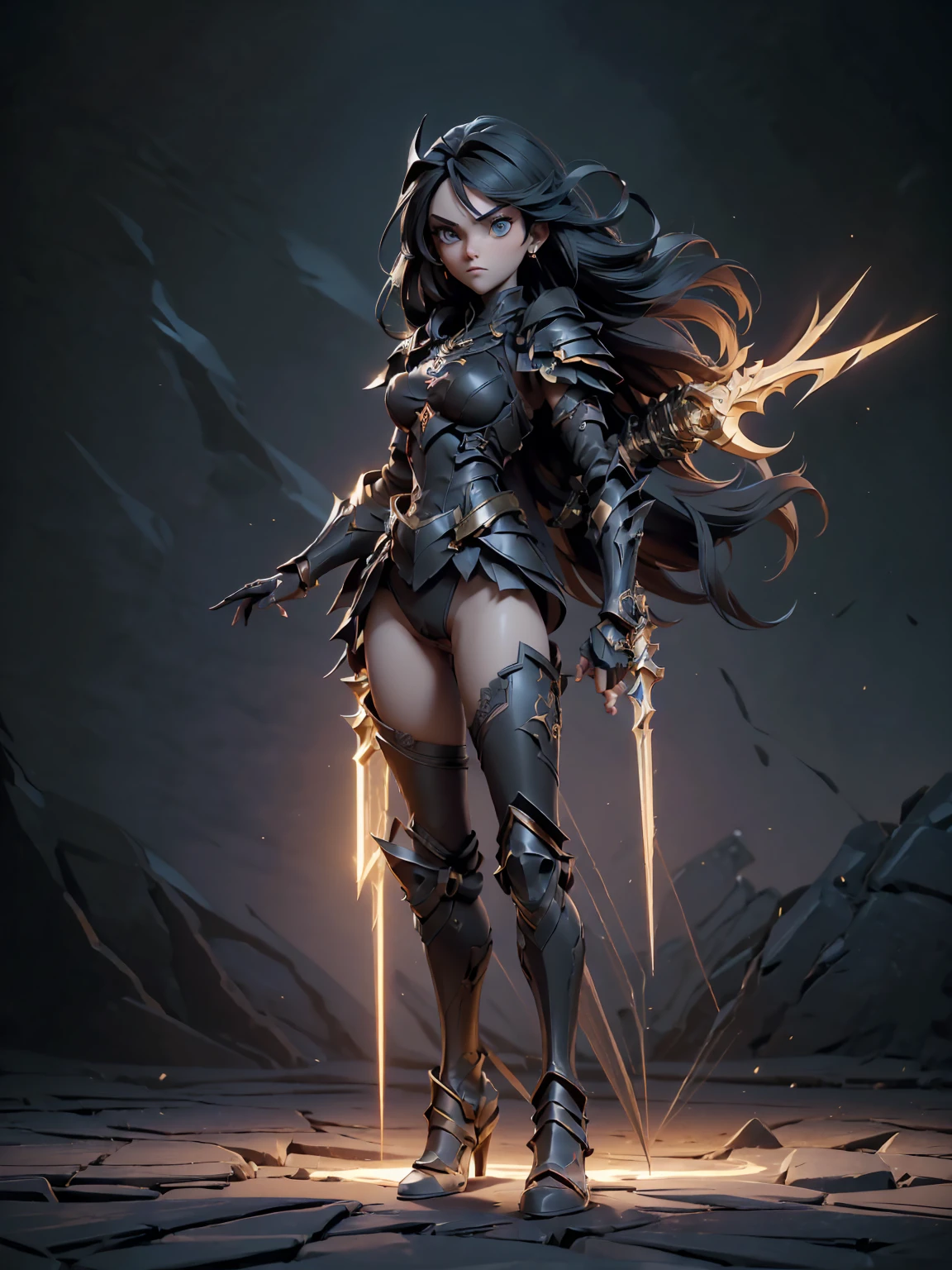 (((masterpiece, best quality, high detailed, 8k))) Design a layout showcase Gaming character, (1girl). Black|Gold clothes, stylish and unique. ((showcase weapon:1.4)), dark scythe. (masterpiece:1.2), (best quality), 4k, ultra-detailed. (Step by step design, layout art:1.5), (luminous lighting, atmospheric lighting). necromancer, ((glove full hands)), (((revealing armor:1.3))), vambraces, armored legwear, (((full_body_shot:1.4))). {In a haunted graveyard}.