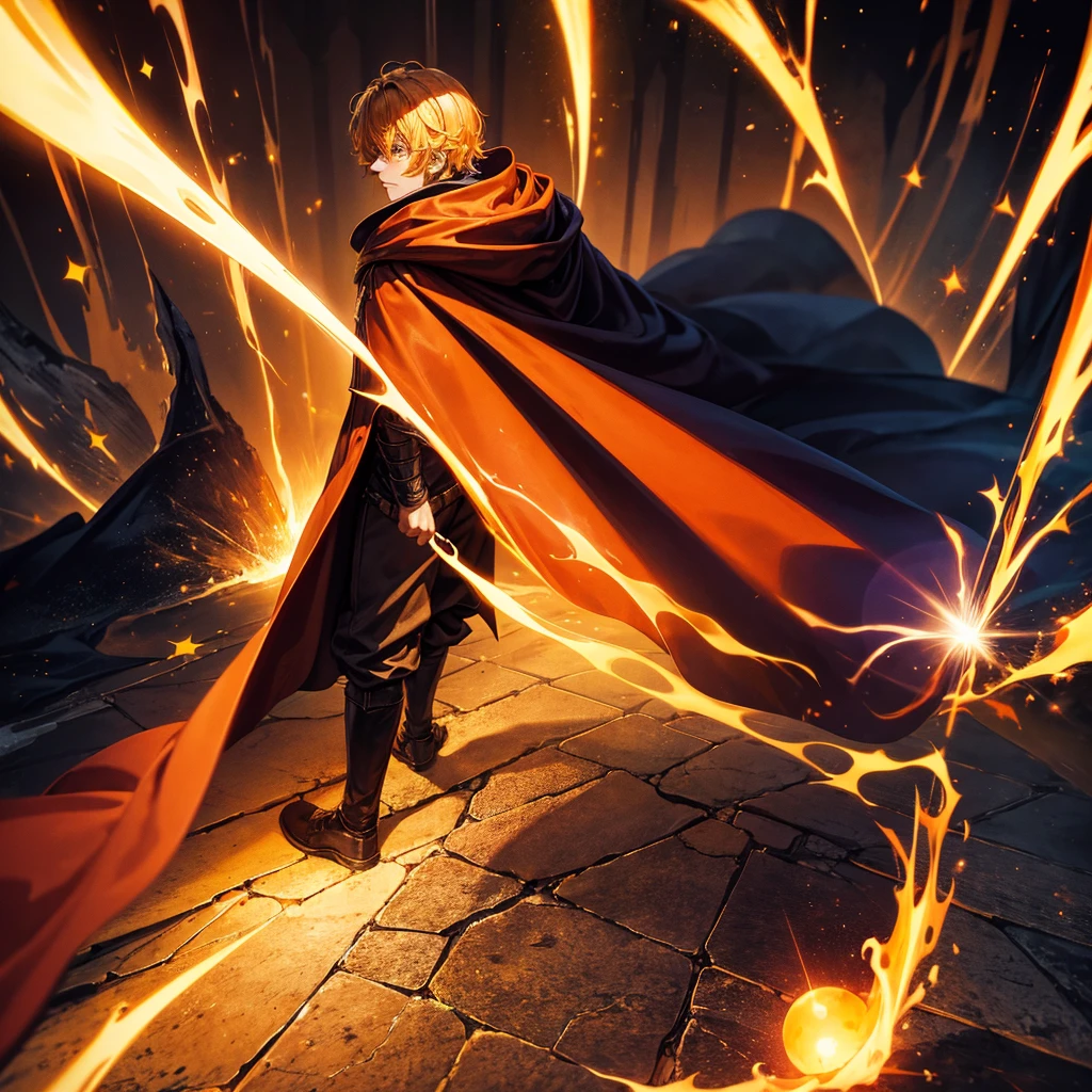 1man, an old, orange cloak, the eyes are glowing bright yellow and the face is indistinguishable in the shadow of the cloak, wearing a red cape