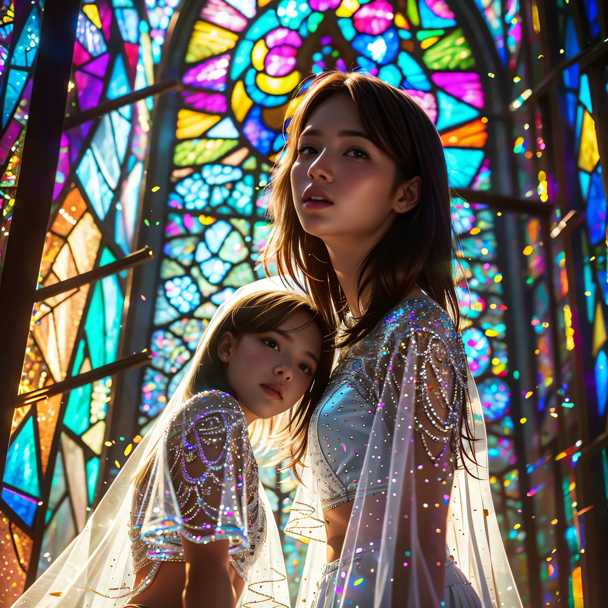  (Cathedral from below:1.28) (ZoomLayer) TopQuality 8K masterpiece of ((Professional photo)), (((Clarisse de Cagliostro))) (Detailed White WeddingDresses), Chain, (((Extremely detailed KAWAII face))) {((VeiledFace))|BlondeHair|(Elaborate BuleEyes)with(SparklingHighlights:1.28)}, The background is distant (((Elaborate stained glass))) Rainbow Glass, {(MysticSight)|EnchantingAtmosphere|Haze|(GodRays)|TyndallEffect}, Radiant PearlSkin with Transparency, (Exposed:0.39)