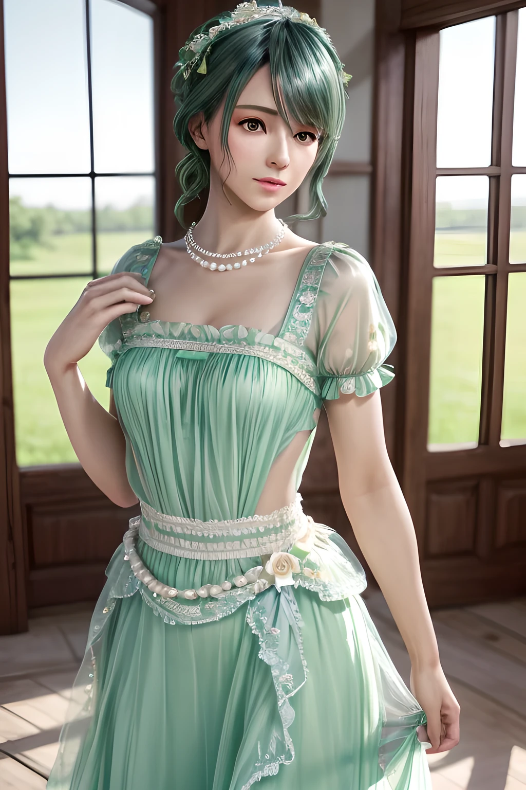 1girl,They wear a light green dress with sheer puff sleeves and a fitted bodice, tied with a light blue bow at the waist. The outfit exudes a feminine and sophisticated beauty, with a pearl necklace around her neck and flower accessories in her hair. The soft natural light creates a serene and elegant atmosphere, enhancing the overall composition. The background features floral elements and sheer curtains, adding an ethereal and springtime feel to the scene., (best quality,8k,highres,masterpiece:1.2),ultra-detailed,(realistic,photorealistic,photo-realistic:1.37),studio lighting,ultra-fine painting,sharp focus,physically-based rendering,extreme detail description,professional,vivid colors