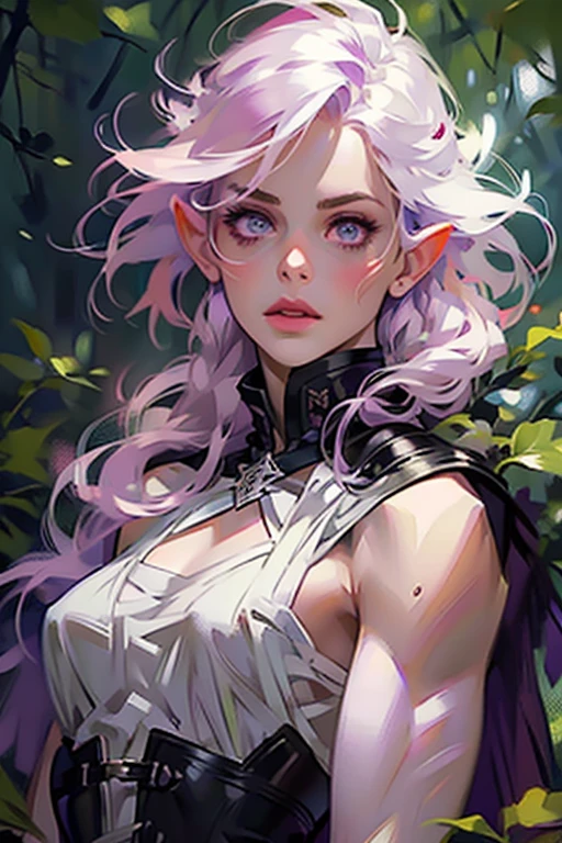 ((ultra realistic illustration:1.2)),(dark fantasy:1.4), In a mystical forest. Beautiful Elven mage. Wild (magenta hair), violet eyes, ((very pale:1.4)), beautifully fit figure, small perky breasts. (tribal war paint), leather bustier, cape, thigh high boots .Masterpiece, (highly detailed:1.2),(detailed face and eyes:1.2), 8k wallpaper, natural lighting. core shadows, high contrast, bokeh.