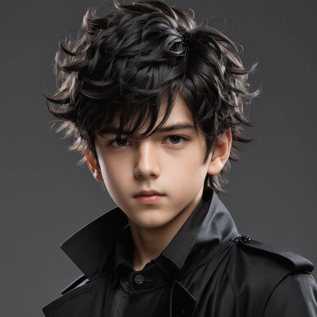 1boy tennage, with Black straghit messy hair, wearing Black trench coat, Black sclerea, realistic