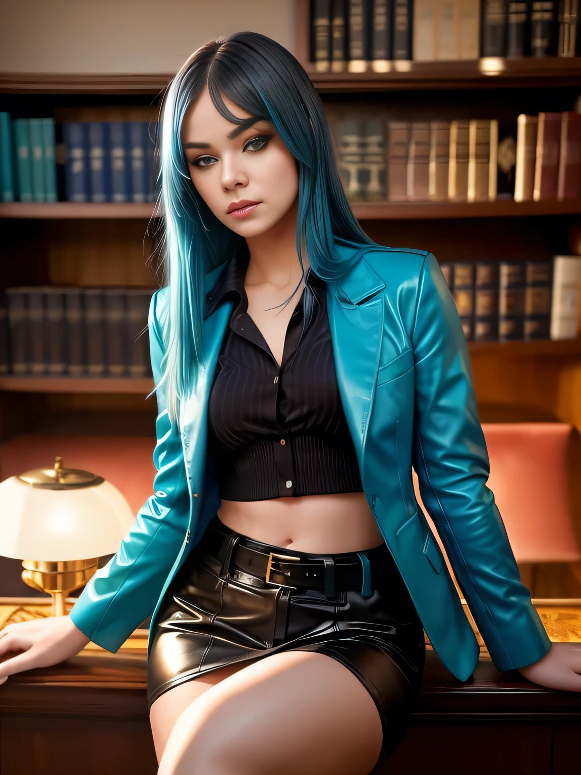 (cabelo azul e azul claro turquesa:1.2), realistic green eyes, cobalt hair, long bob hair, shoulder length hair, upper body photo of a innocent school girl, blazer jacket and creme lowcut unbuttoned satin silk blouse, leather pencil skirt, posing in a private library, backlit, belt, (brown eyes:1.2), high heels, backlit, perfect make-up, cinematic, realistic, high contrast, visually rich,piercing eyes, strong eyeliner, mesmerizing eyes, elegant, graceful, natural beauty, charismatic, versatile, photogenic, very detailed