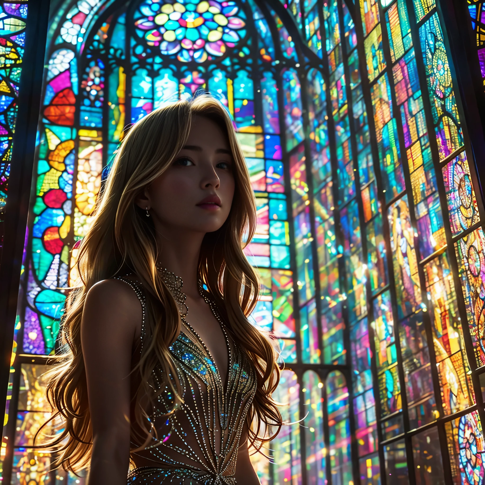 (Cathedral from below:1.28) (ZoomLayer) TopQuality 8K masterpiece of ((Professional photo)), (((Clarisse de Cagliostro))) (Detailed White WeddingDresses), Chain, (((Extremely detailed KAWAII face))) {((VeiledFace))|BlondeHair|(Elaborate BuleEyes)with(SparklingHighlights:1.28)}, The background is distant (((Elaborate stained glass))) Rainbow Glass, {(MysticSight)|EnchantingAtmosphere|Haze|(GodRays)|TyndallEffect}, Radiant PearlSkin with Transparency, (Exposed:0.39)