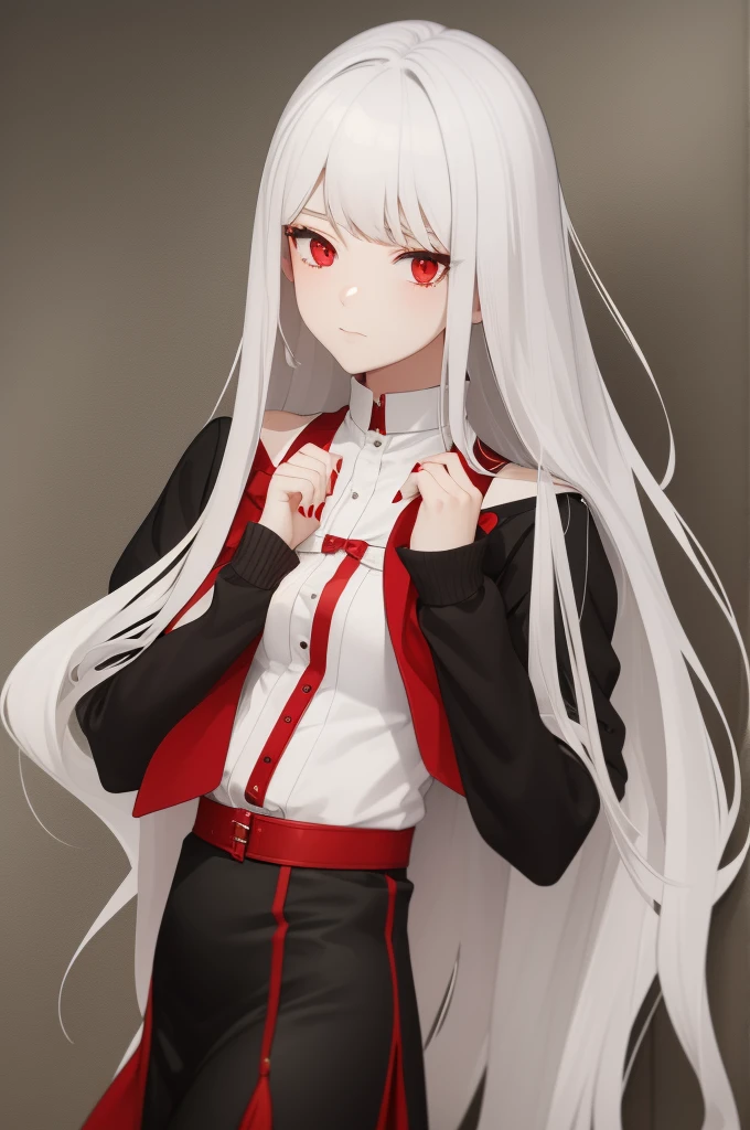 A beautiful young 17 year old girl, long white hair with red eyes wearing a very provocative outfit.