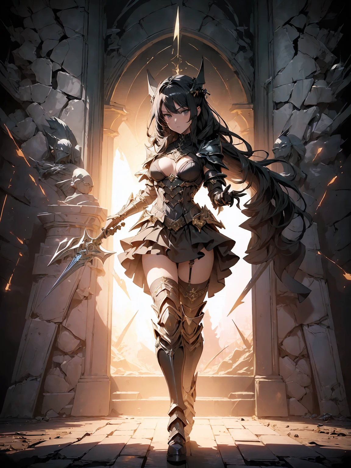 (((masterpiece, best quality, high detailed, 8k))) Design a layout showcase Gaming character, (1girl). Black|Gold clothes, stylish and unique. ((showcase weapon:1.4)), dark scythe. (masterpiece:1.2), (best quality), 4k, ultra-detailed. (Step by step design, layout art:1.5), (luminous lighting, atmospheric lighting). necromancer, ((glove full hands)), (((revealing clothes:1.3))), vambraces, armored legwear, (((full_body_shot:1.4))). {In a haunted graveyard}.
