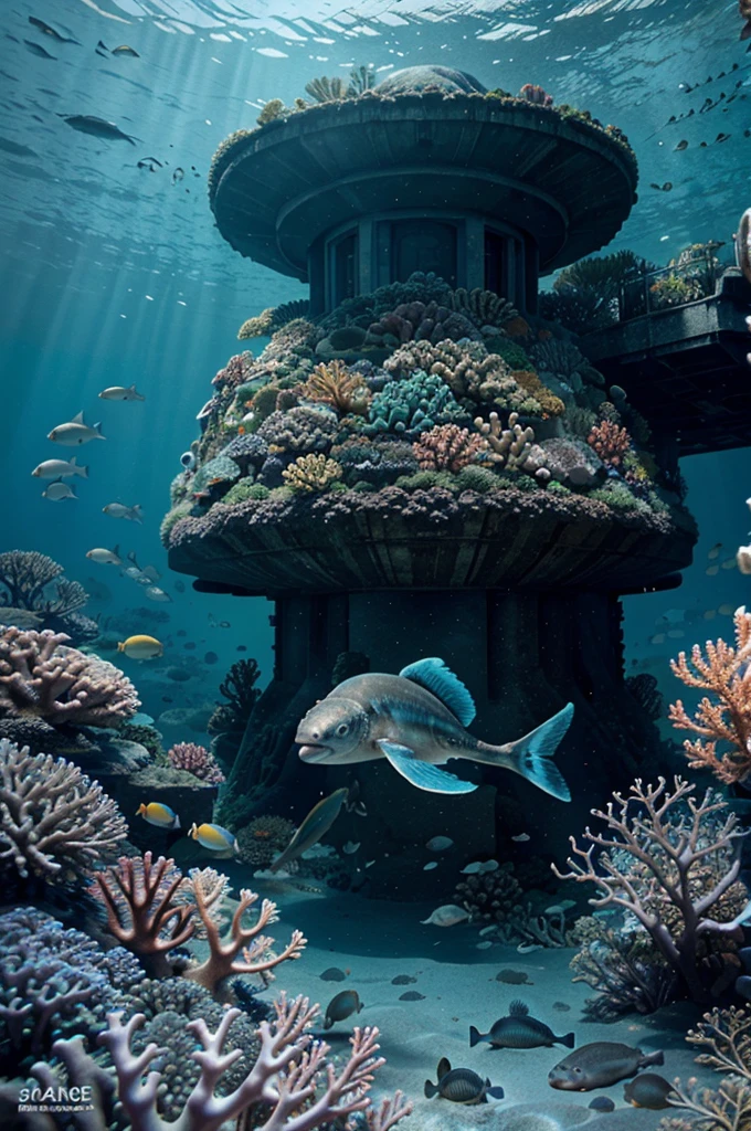 An underwater illustration showing diverse marine life such as tropical fish, coral reefs, jellyfish, and sea turtles with vivid and intricate details.