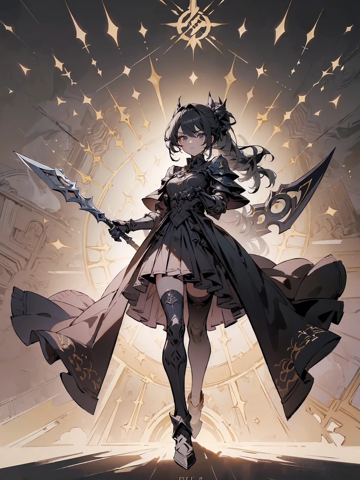 (((masterpiece, best quality, high detailed, 8k))) Design a layout showcase Gaming character, (1girl). Black|Gold clothes, stylish and unique. ((showcase weapon:1.4)), dark scythe. (masterpiece:1.2), (best quality), 4k, ultra-detailed. (Step by step design, layout art:1.5), (luminous lighting, atmospheric lighting). necromancer, ((glove full hands)), (((revealing clothes:1.3))), vambraces, armored legwear, (((full_body_shot:1.4))). {In a haunted graveyard}.