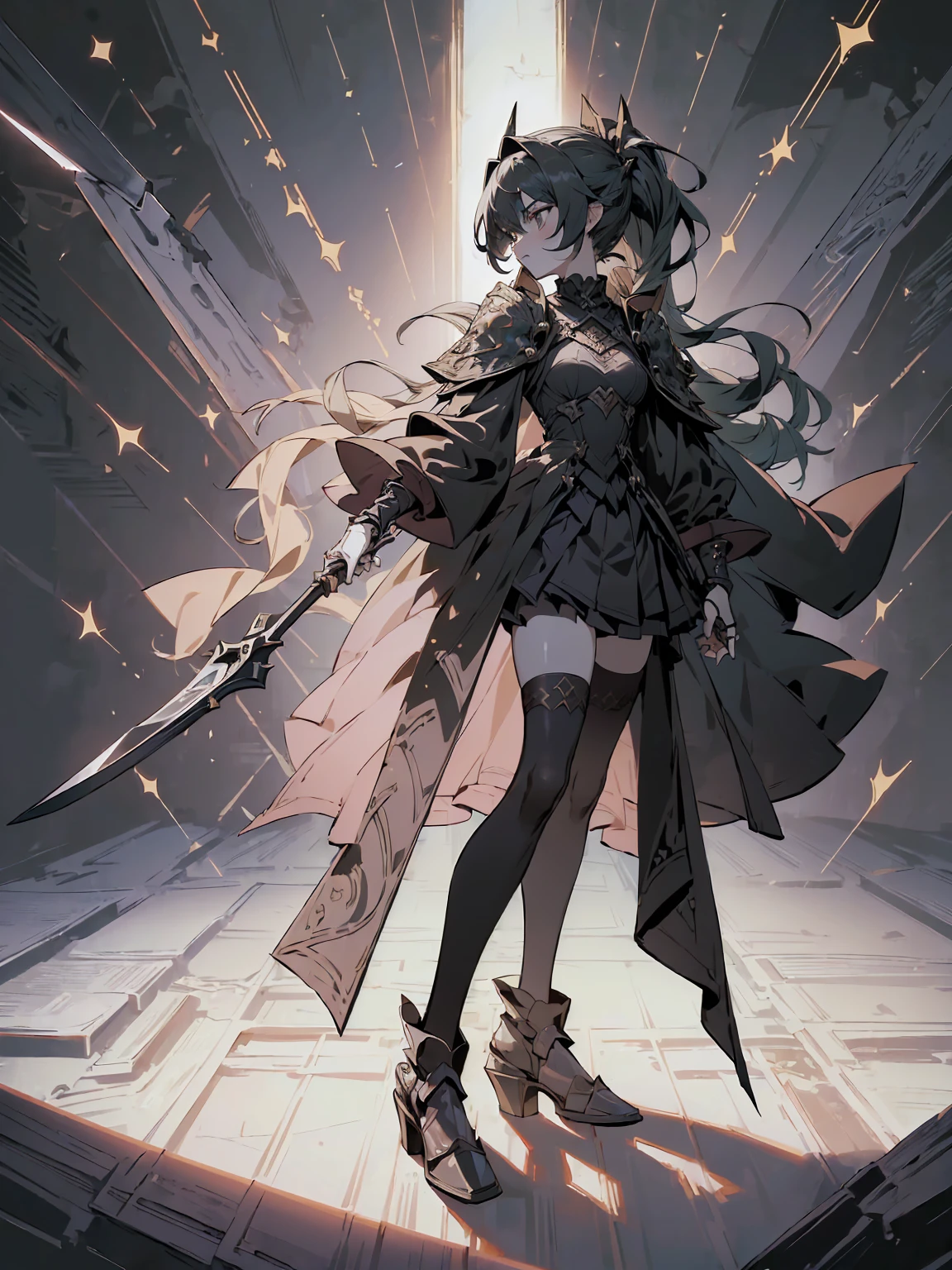 (((masterpiece, best quality, high detailed, 8k))) Design a layout showcase Gaming character, (1girl). Black|Gold clothes, stylish and unique. ((showcase weapon:1.4)), dark scythe. (masterpiece:1.2), (best quality), 4k, ultra-detailed. (Step by step design, layout art:1.5), (luminous lighting, atmospheric lighting). necromancer, ((glove full hands)), (((revealing clothes:1.3))), vambraces, armored legwear, (((full_body_shot:1.4))). {In a haunted graveyard}.