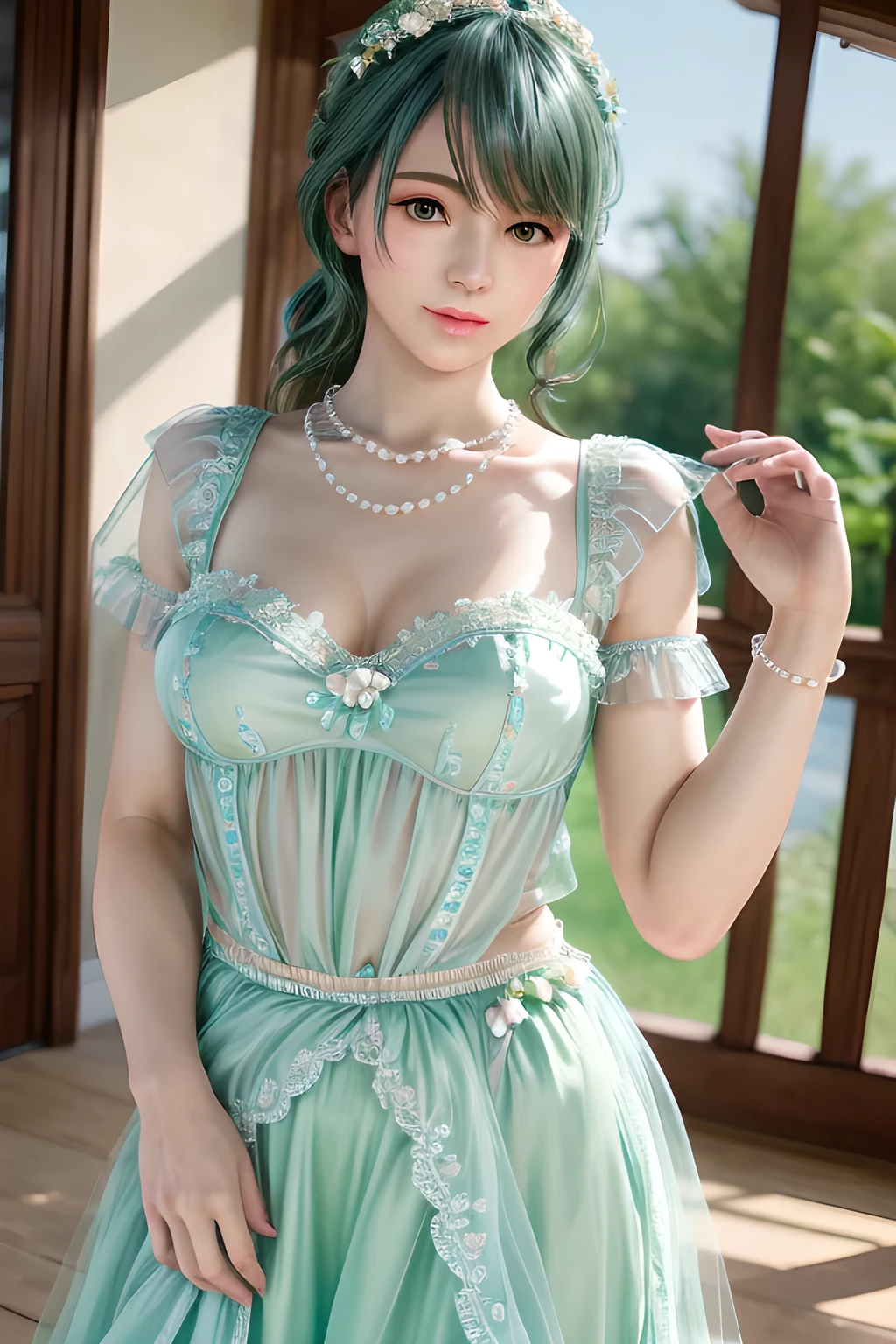 1girl,They wear a light green dress with sheer puff sleeves and a fitted bodice, tied with a light blue bow at the waist. The outfit exudes a feminine and sophisticated beauty, with a pearl necklace around her neck and flower accessories in her hair. The soft natural light creates a serene and elegant atmosphere, enhancing the overall composition. The background features floral elements and sheer curtains, adding an ethereal and springtime feel to the scene., (best quality,8k,highres,masterpiece:1.2),ultra-detailed,(realistic,photorealistic,photo-realistic:1.37),studio lighting,ultra-fine painting,sharp focus,physically-based rendering,extreme detail description,professional,vivid colors