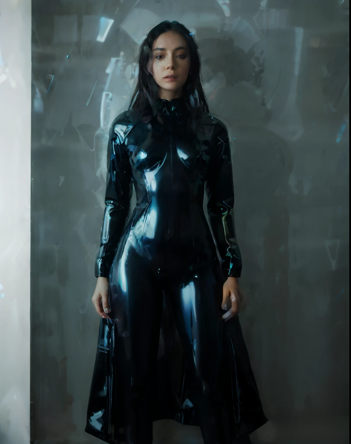 araffed woman in a shiny dress posing for a picture, glossy magazine photoshoot, holographic suit, photoshoot for vogue magazine, cyberpunk glossy latex suit, shot on canon eos r5, shot on canon eos r 5