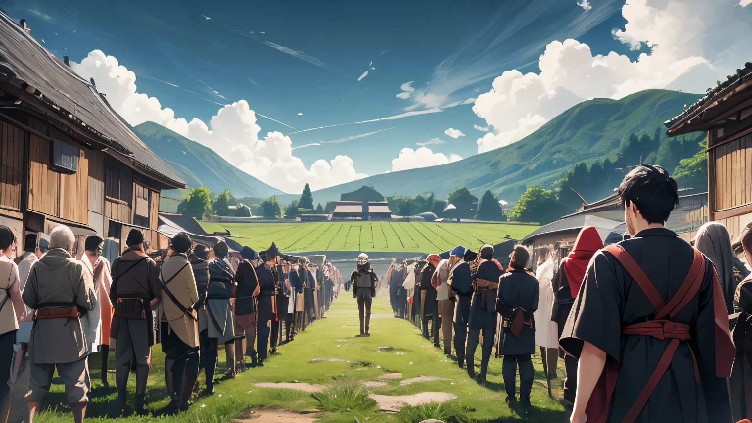 adult,male,male性,A lot of people,Ten people,adult数,arms,Sickle,sword,shield,Armor,kimono,Prepare,Battle,Black Hair,human,cloud,Bad weather,countryside,field,village